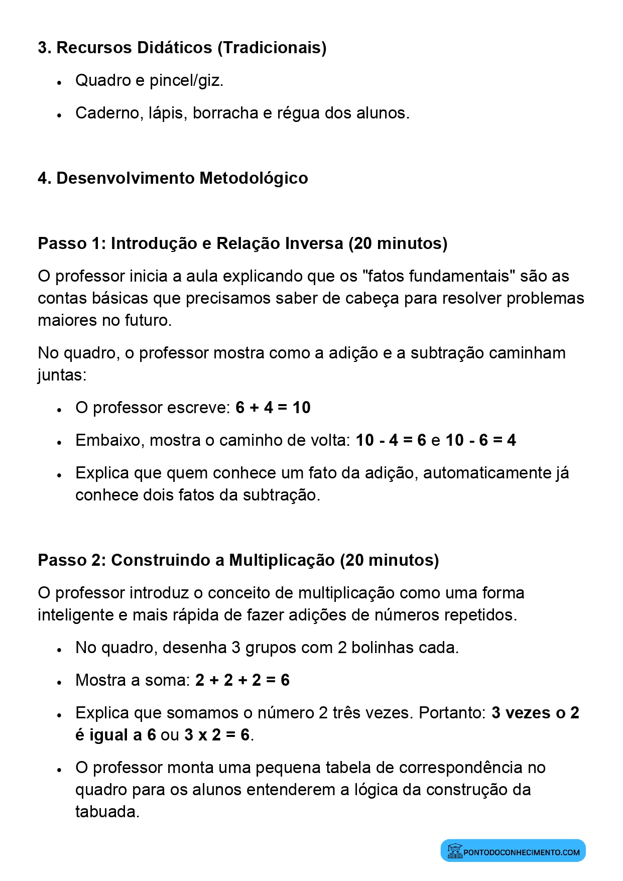 Plano de aula sobre construção dos fatos básicos da adição subtração e multiplicação