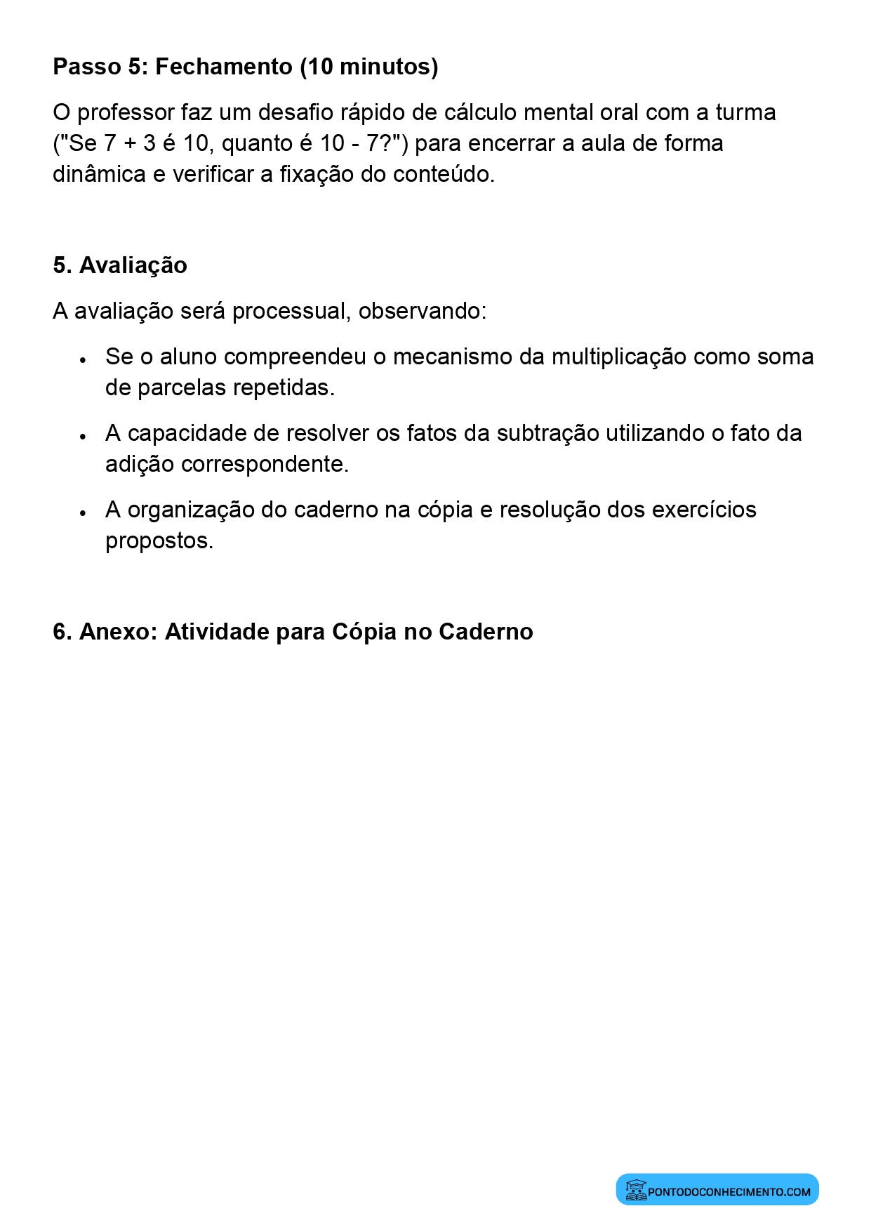 Plano de aula sobre desenvolvimento dos fatos fundamentais das operações 3º ano