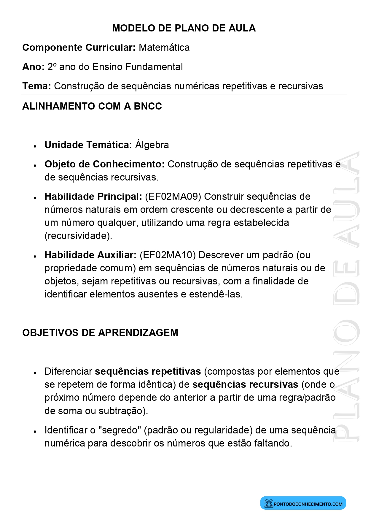 Plano de Aula Matemática 2º Ano Construção de Sequências Numéricas Repetitivas e Recursivas
