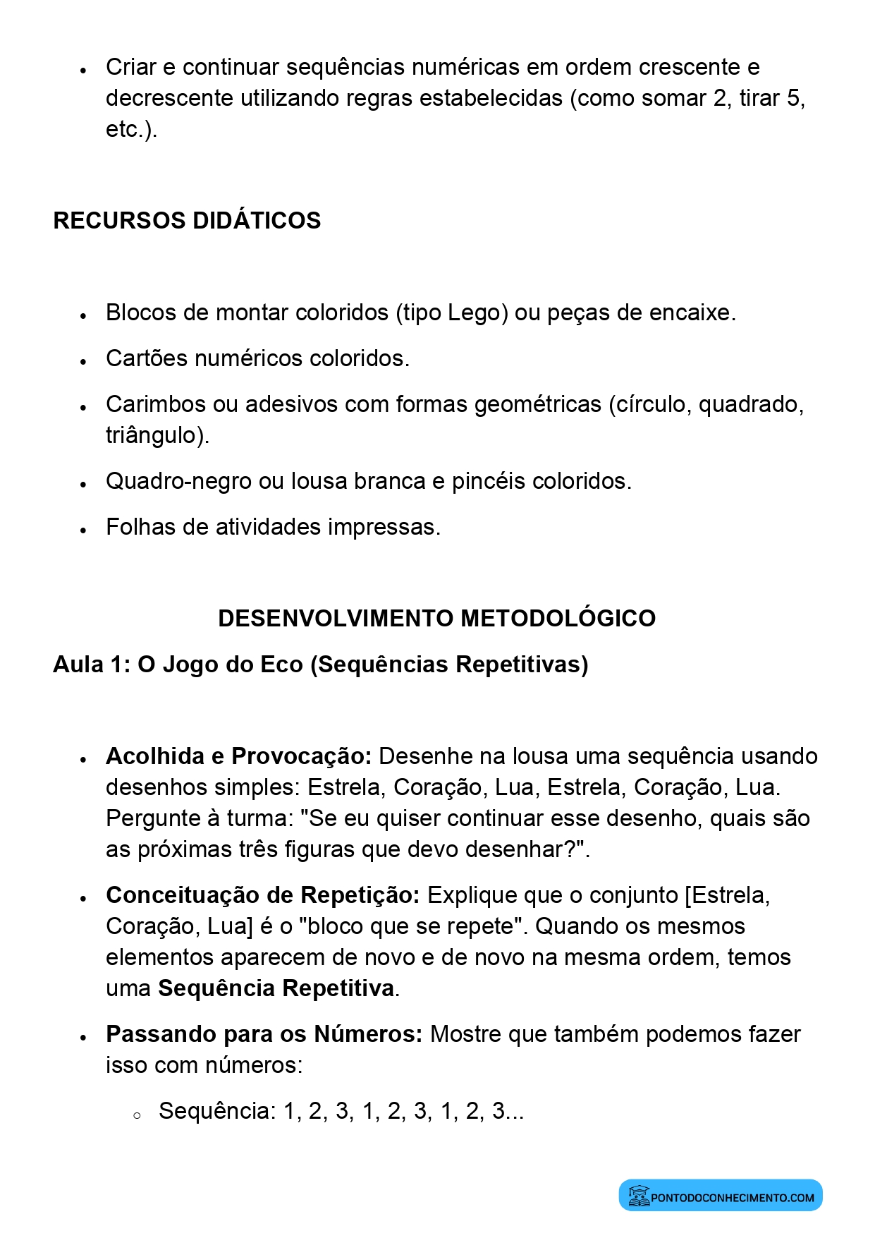 Plano de Aula Completo de Matemática 2º Ano Construção de Sequências Numéricas Repetitivas e Recursivas