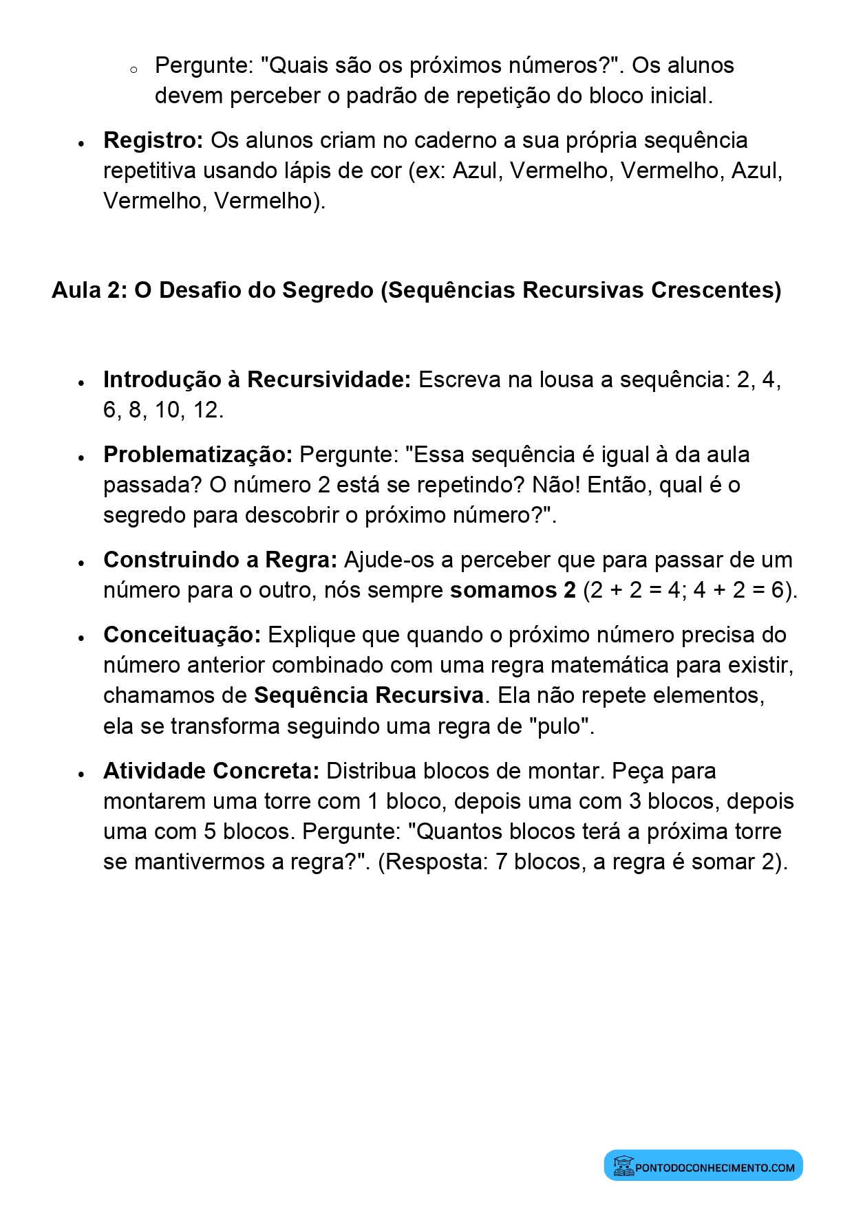 Plano de Aula BNCC Matemática 2º Ano Construção de Sequências Numéricas Repetitivas e Recursivas
