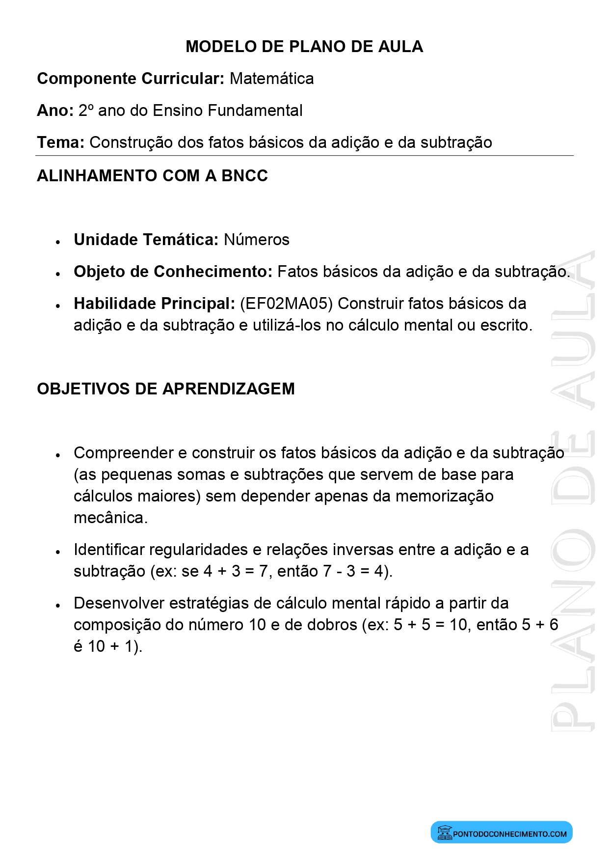 Modelo de Plano de Aula de Matemática para o 2º Ano do Ensino Fundamental sobre Construção dos Fatos Básicos da Adição e da Subtração