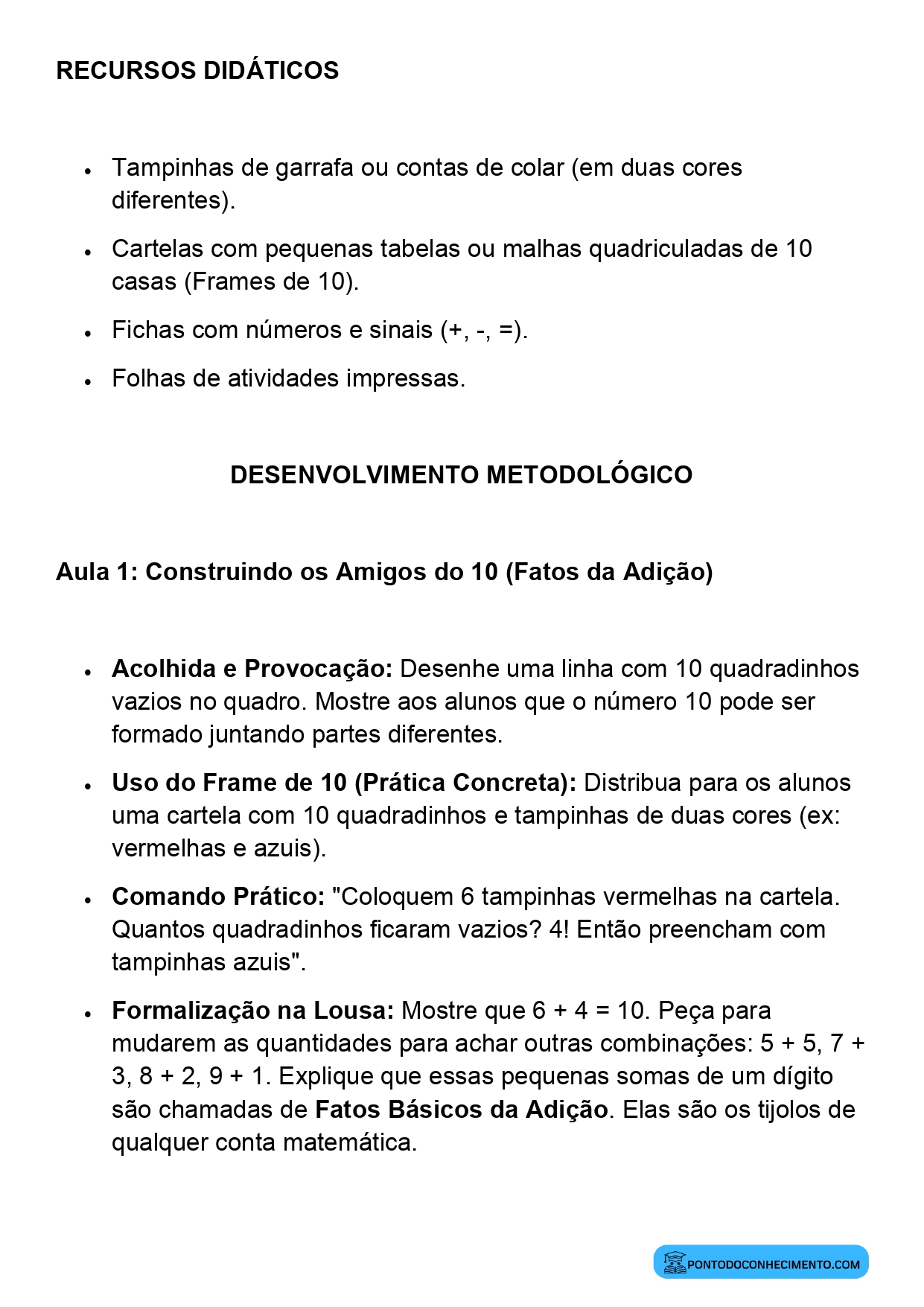 Plano de Aula Matemática 2º Ano Construção dos Fatos Básicos da Adição e da Subtração