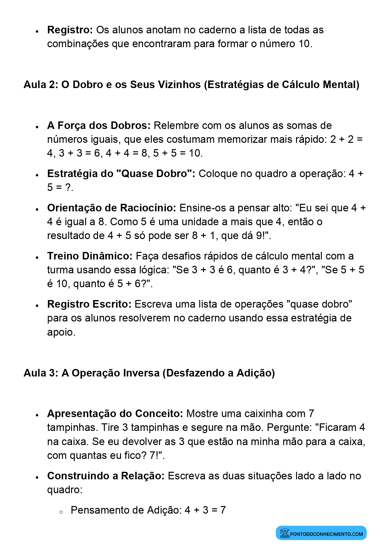Plano de Aula Completo de Matemática 2º Ano Fatos Básicos da Adição e da Subtração