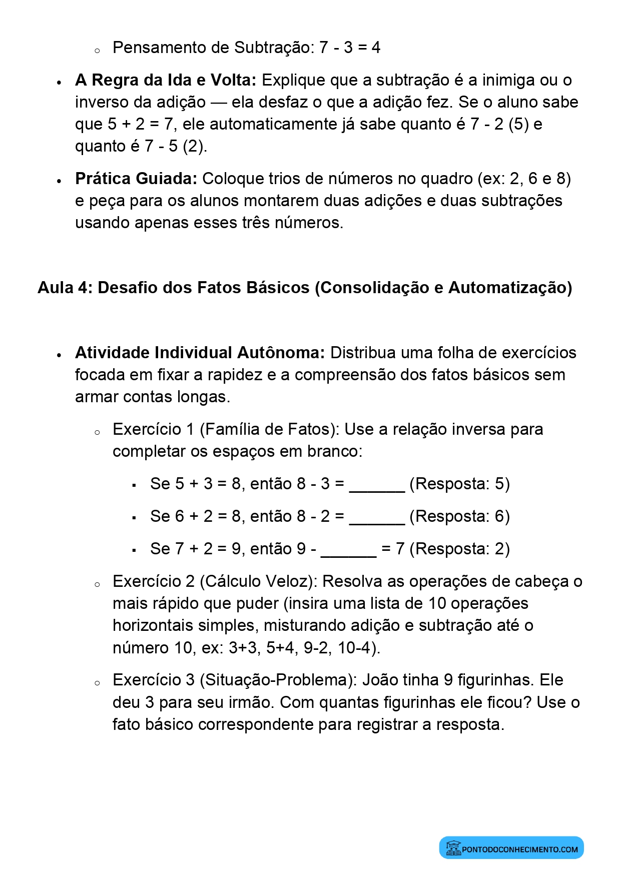 Plano de Aula BNCC Matemática 2º Ano Fatos Básicos da Adição e da Subtração