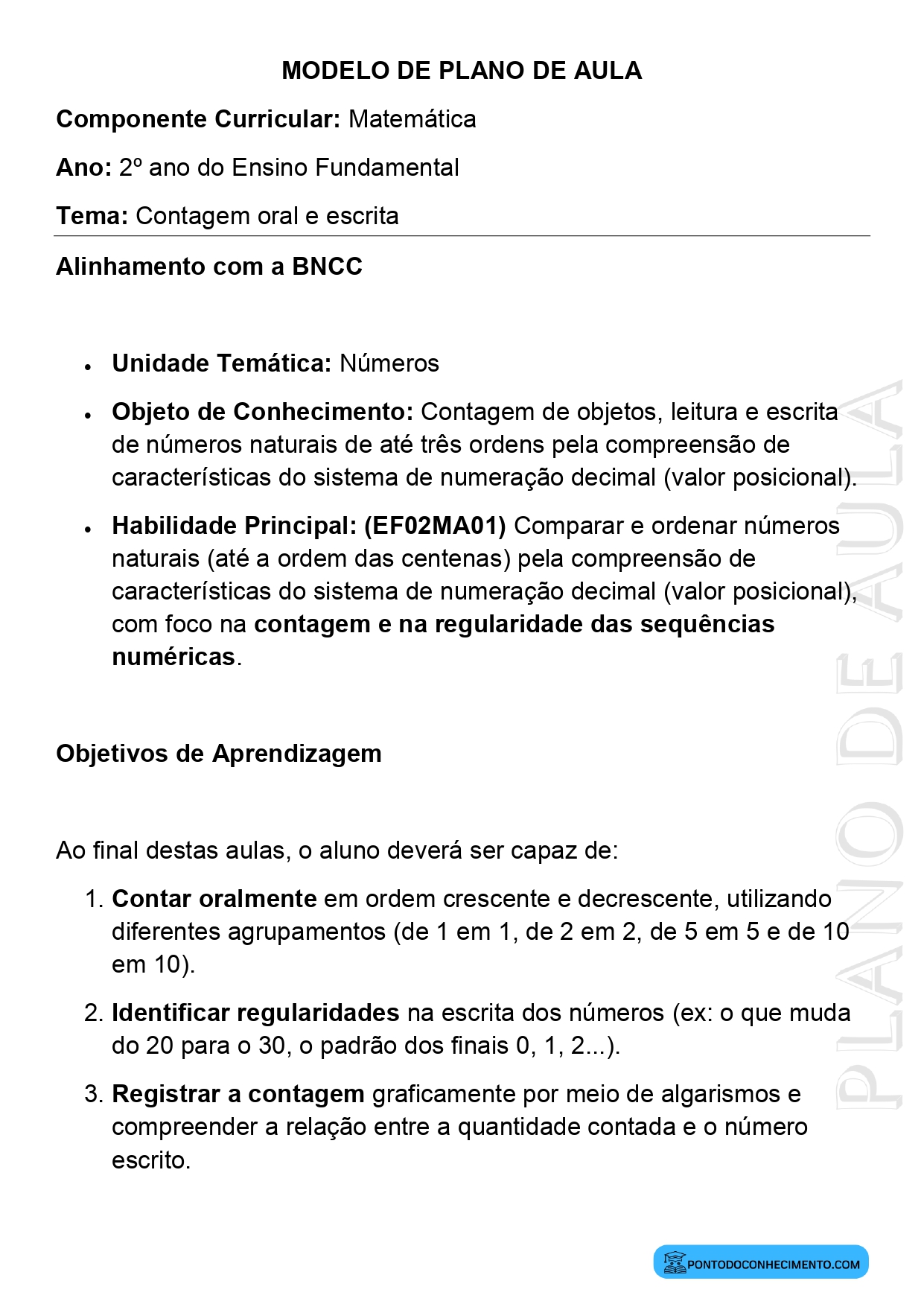 Modelo de Plano de Aula de Matemática para o 2º Ano do Ensino Fundamental sobre Contagem Oral e Escrita