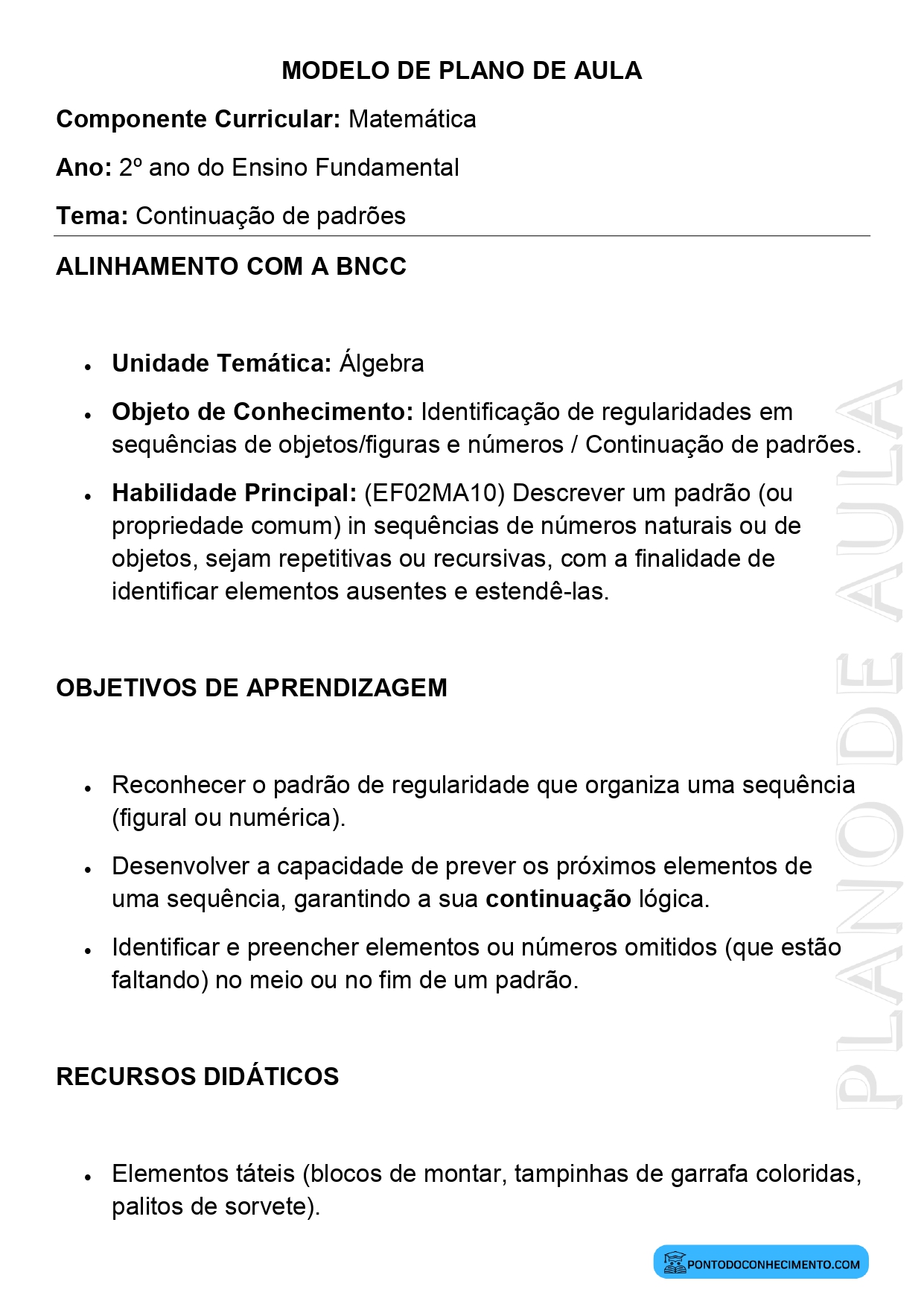Plano de Aula de Matemática para o 2º Ano sobre Continuação de Padrões