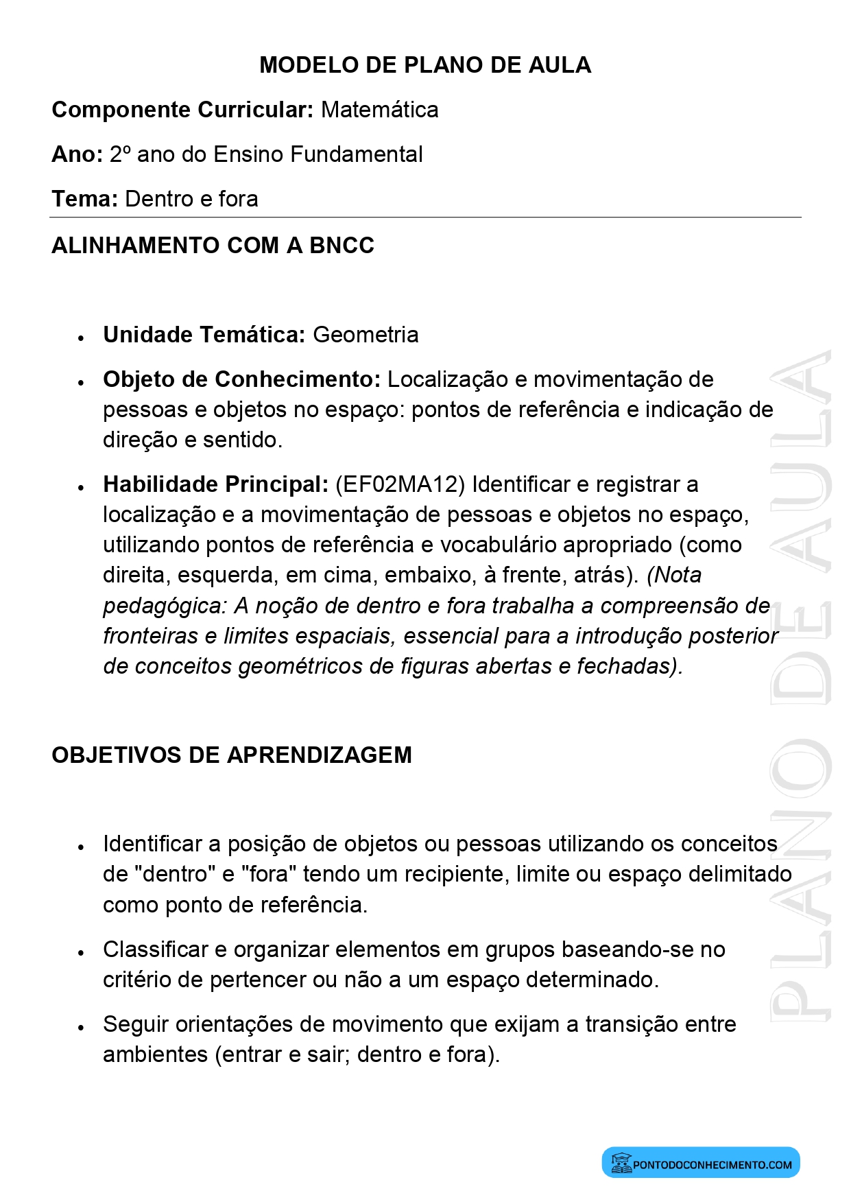 Modelo de Plano de Aula de Matemática para o 2º Ano do Ensino Fundamental sobre Dentro e Fora