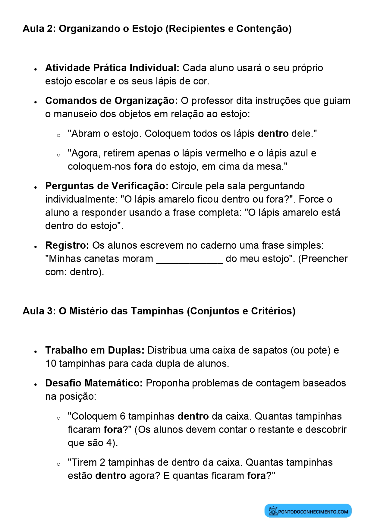Plano de Aula Completo de Matemática 2º Ano Dentro e Fora