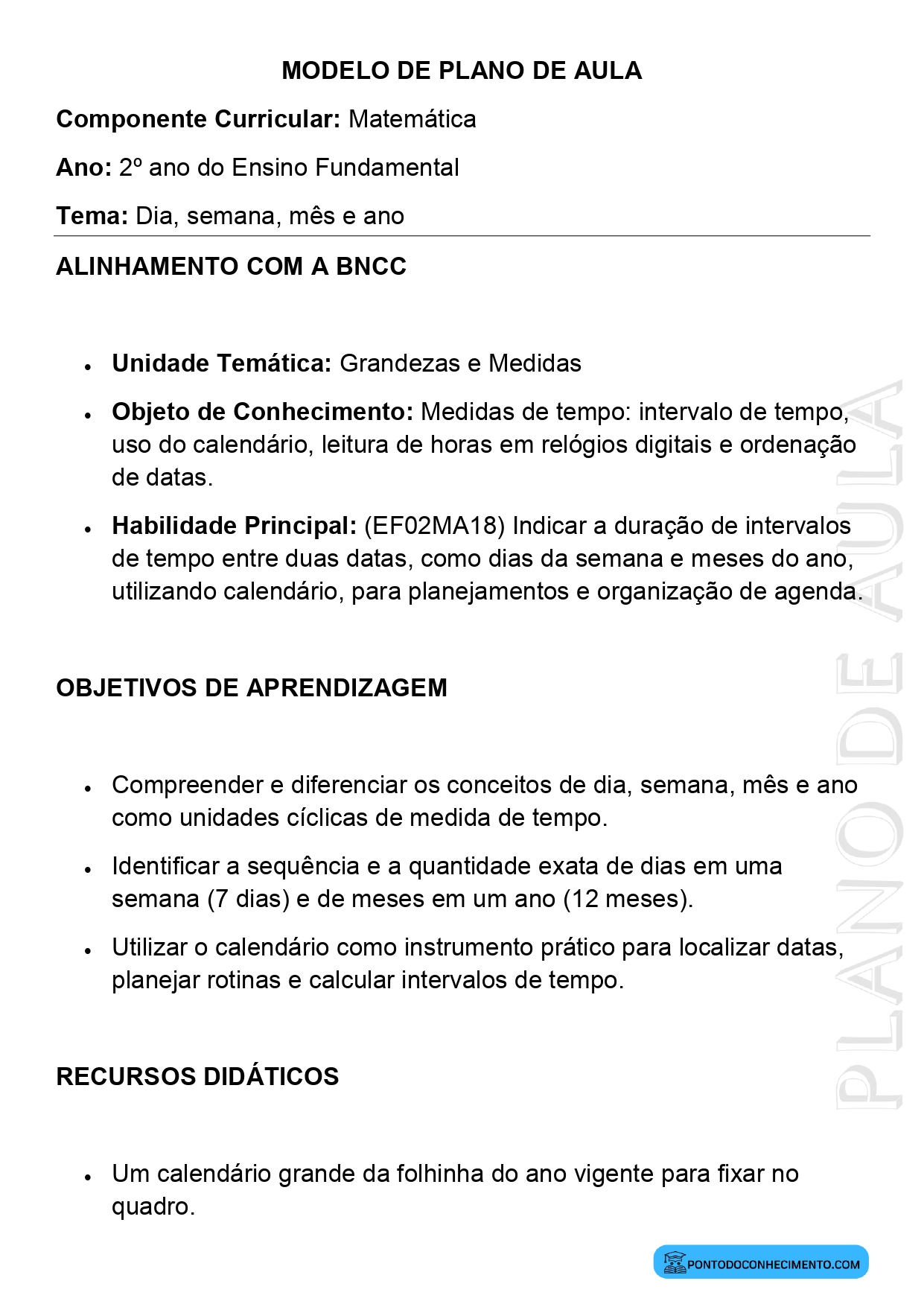 Modelo de Plano de Aula de Matemática para o 2º Ano do Ensino Fundamental sobre Dia Semana Mês e Ano