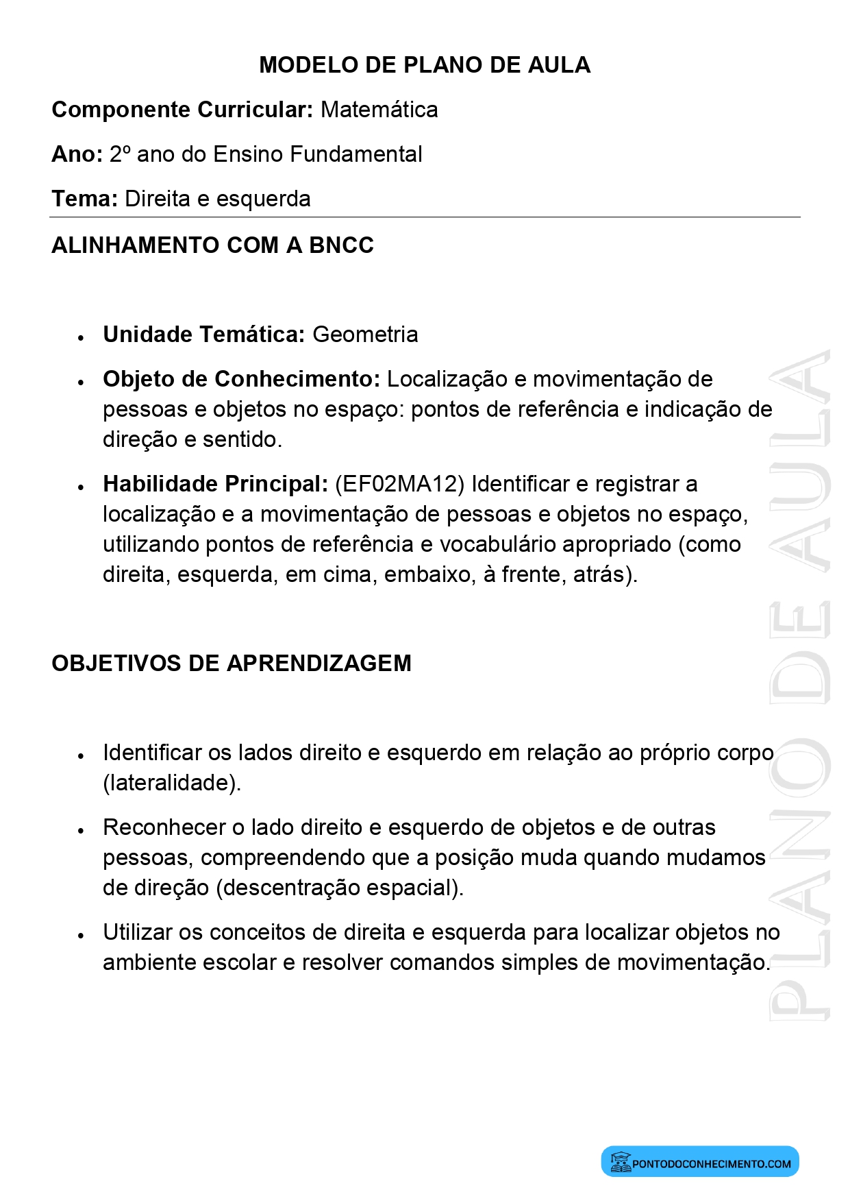 Modelo de Plano de Aula de Matemática para o 2º Ano do Ensino Fundamental sobre Direita e Esquerda