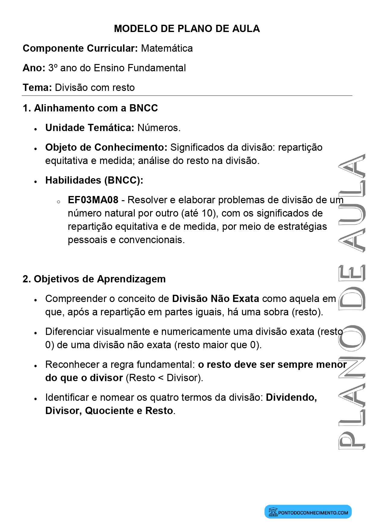 Modelo de plano de aula de Matemática para o 3º ano do Ensino Fundamental sobre divisão com resto