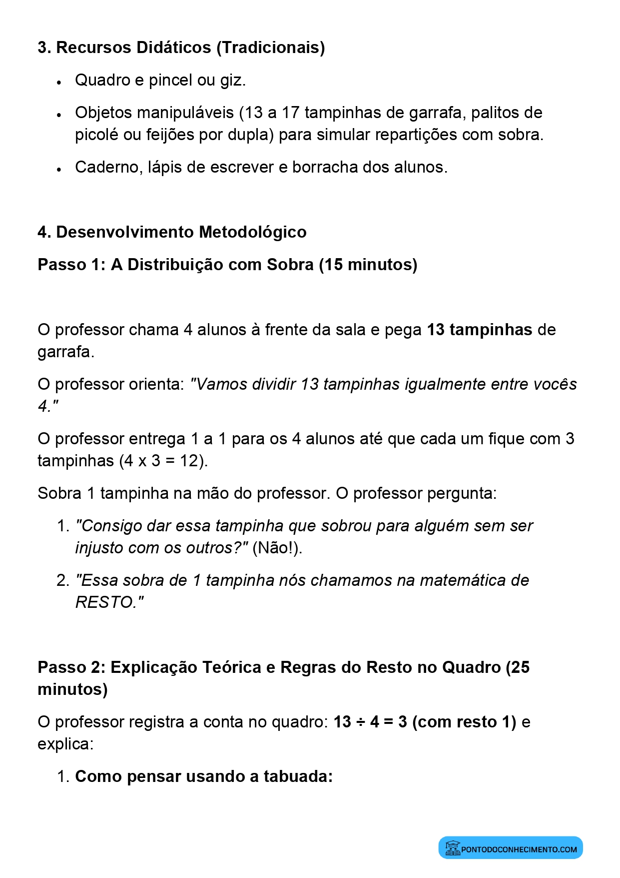 Plano de aula sobre operações de divisão com resto