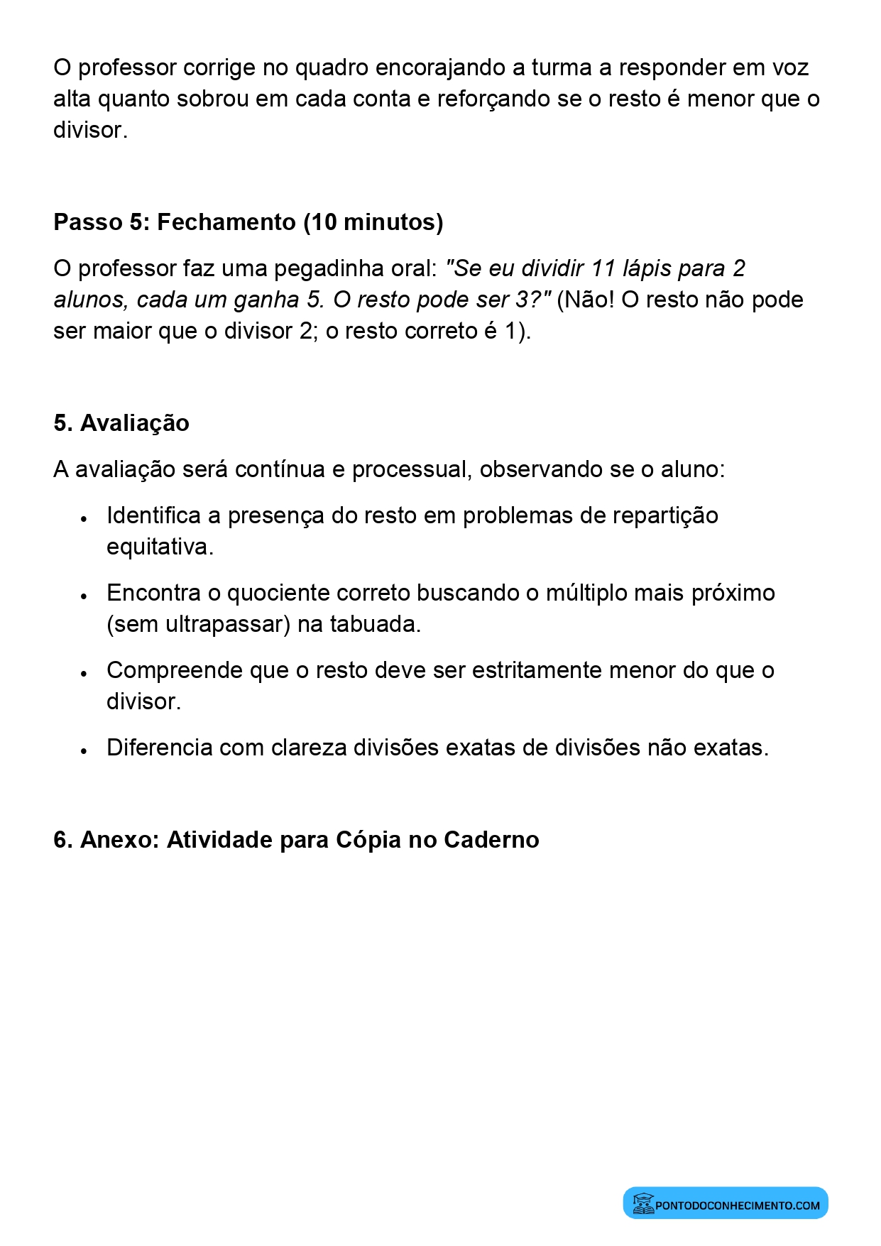 Plano de aula sobre resolução de divisões com resto