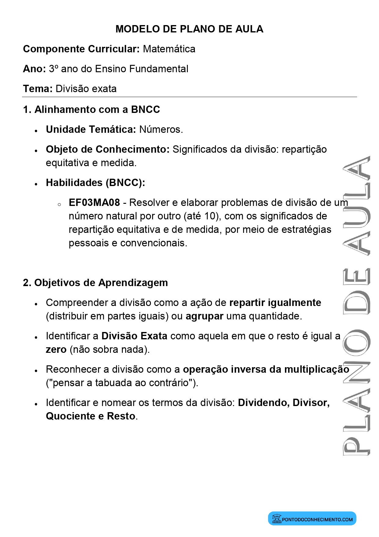 Plano de aula de Matemática para o 3º ano sobre divisão exata