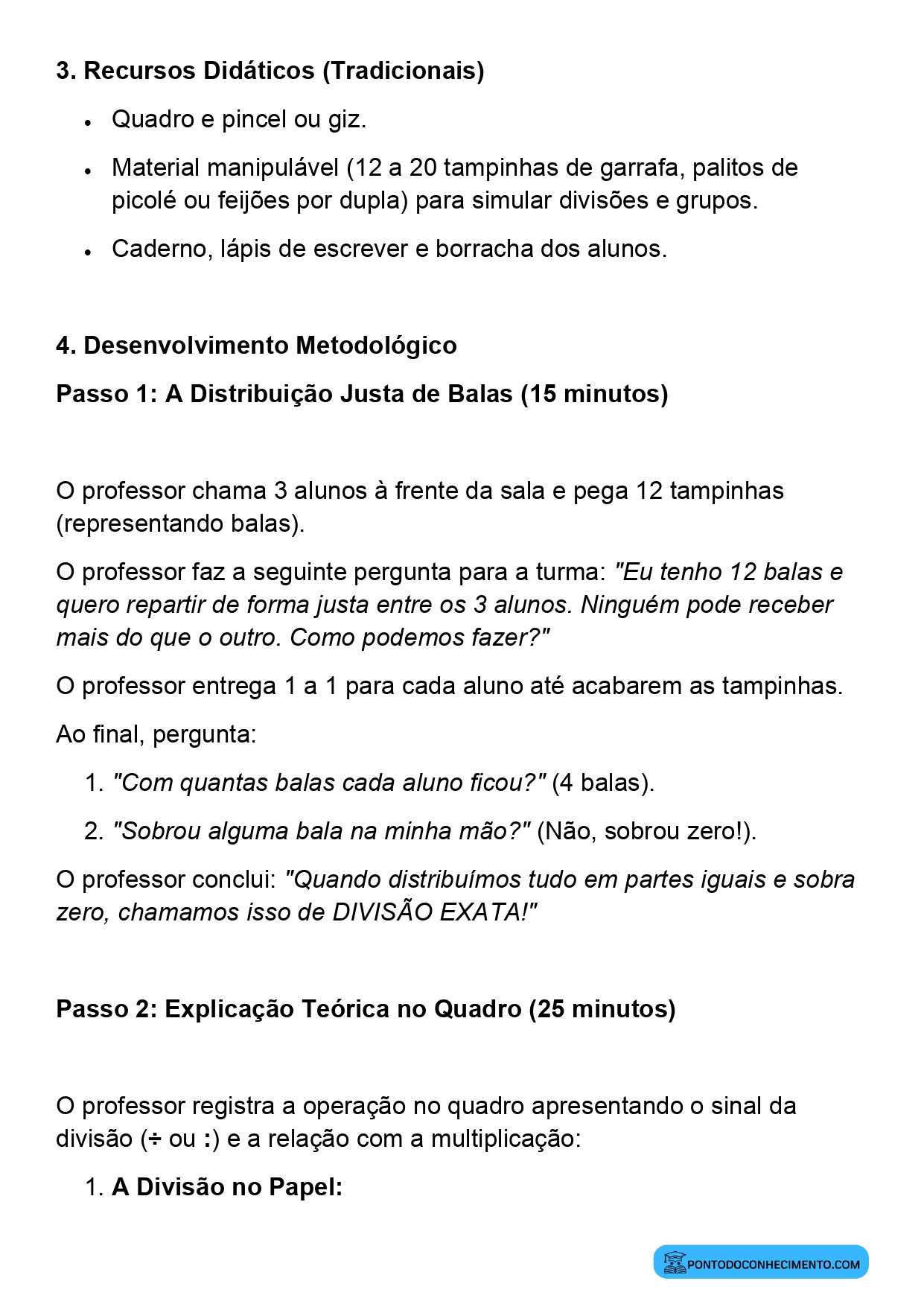 Plano de aula sobre conceito de divisão exata