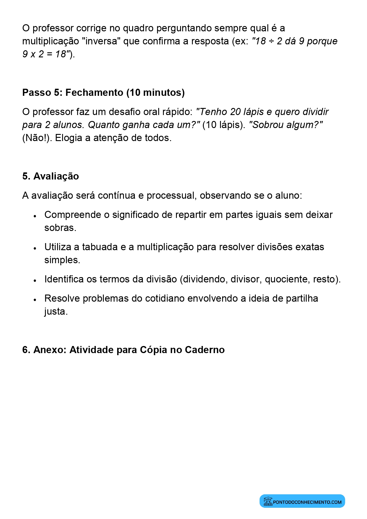Plano de aula sobre divisão sem resto no 3º ano