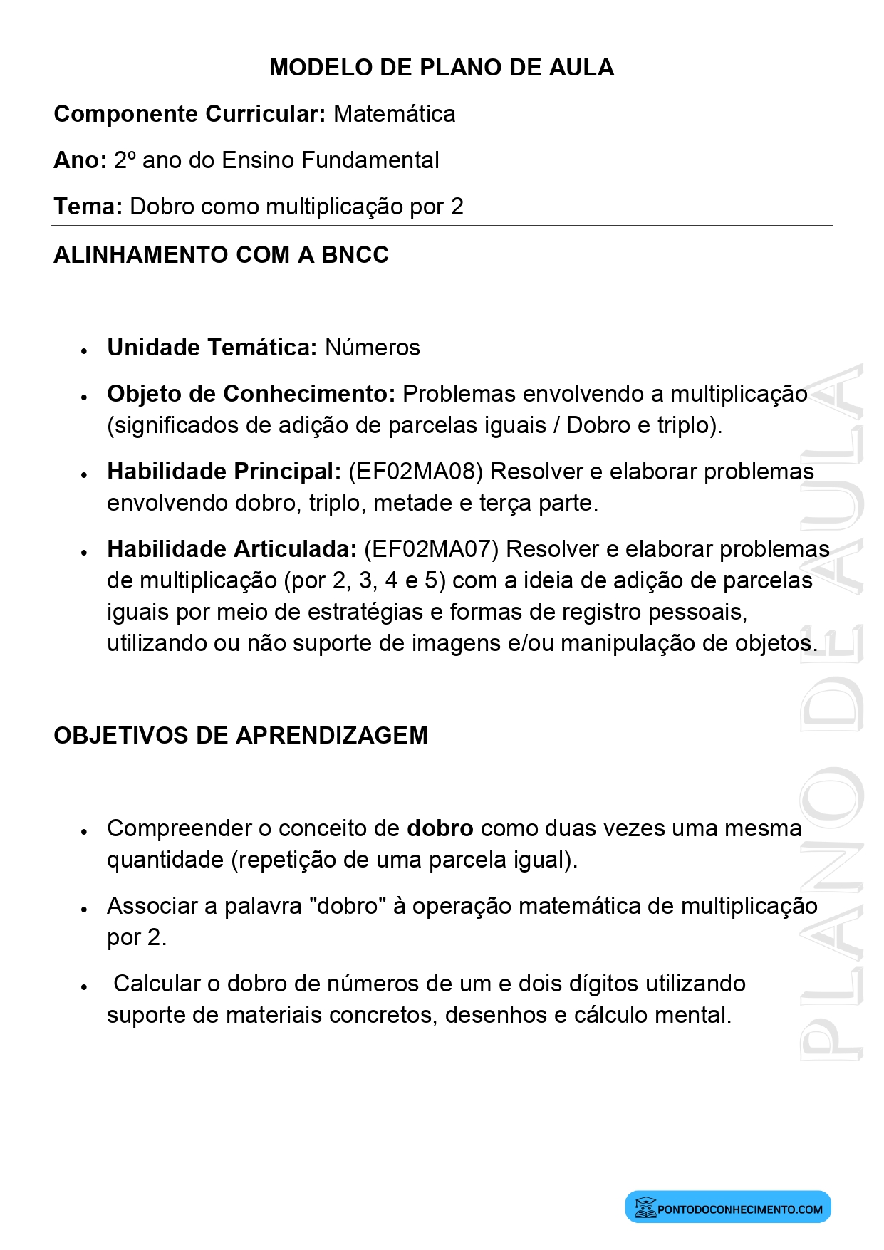 Modelo de Plano de Aula de Matemática para o 2º Ano do Ensino Fundamental sobre Dobro como Multiplicação por 2