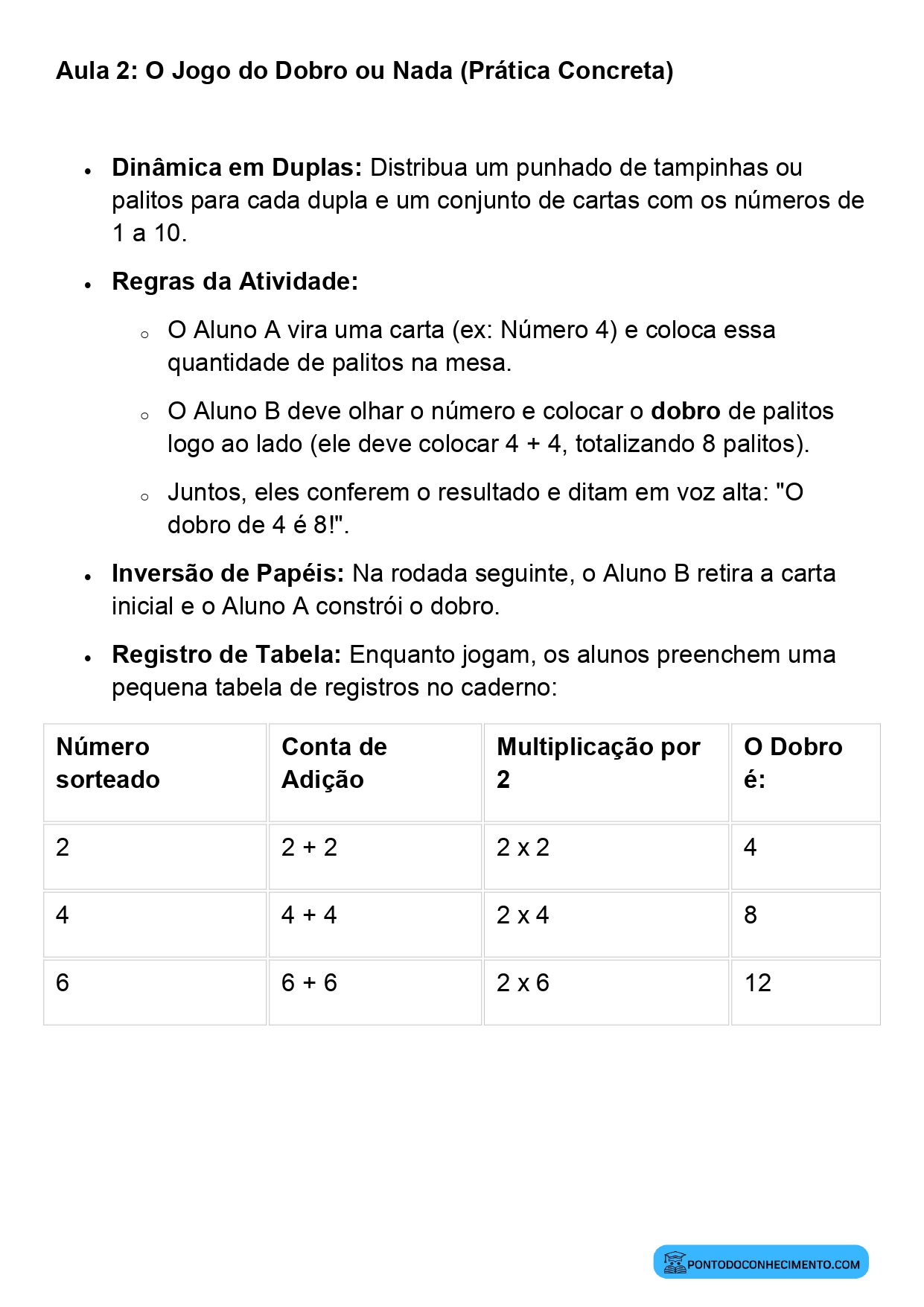 Plano de Aula Completo de Matemática 2º Ano Dobro como Multiplicação por 2