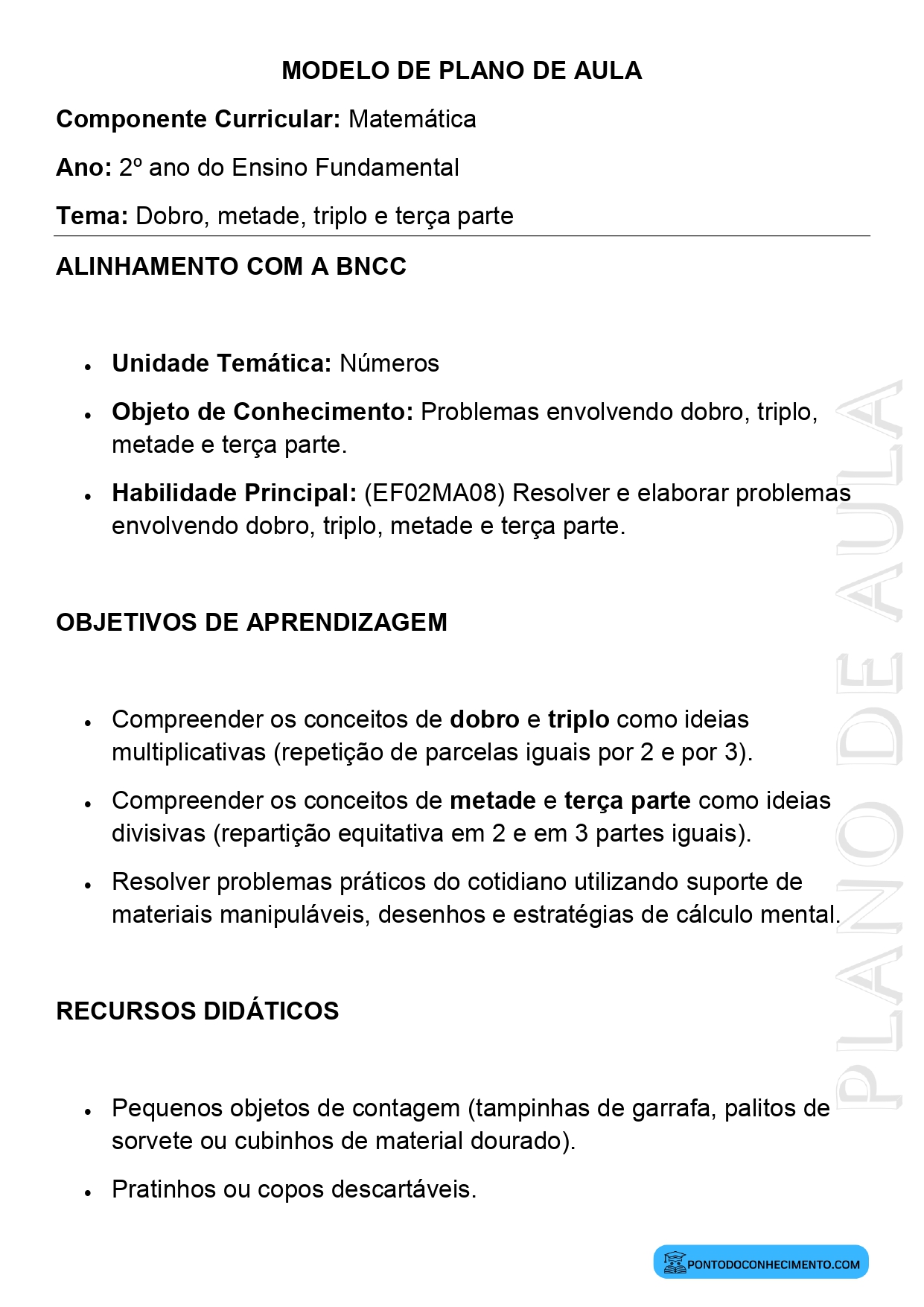 Modelo de Plano de Aula de Matemática para o 2º Ano do Ensino Fundamental sobre Dobro Metade Triplo e Terça Parte
