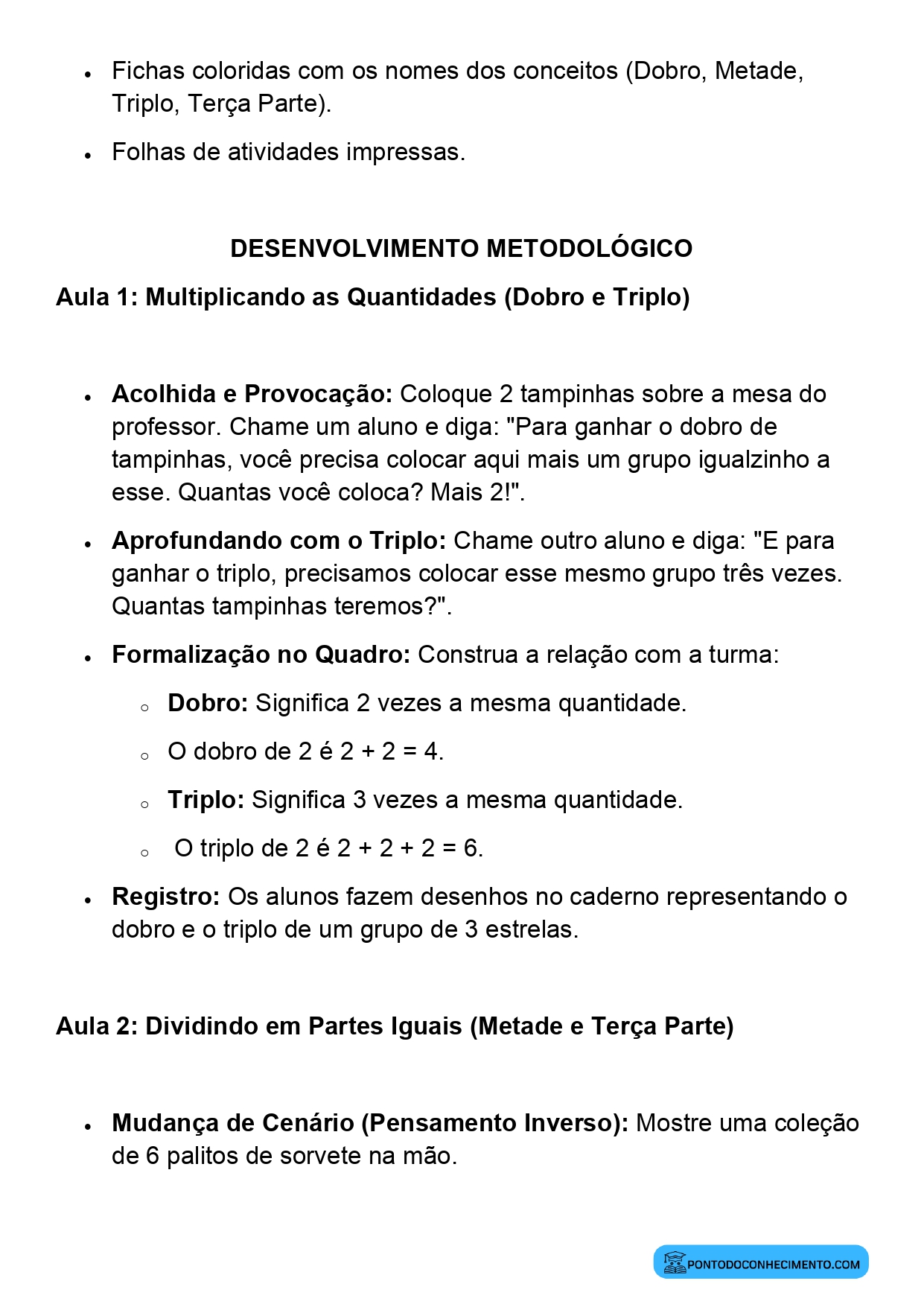Plano de Aula Matemática 2º Ano Dobro Metade Triplo e Terça Parte