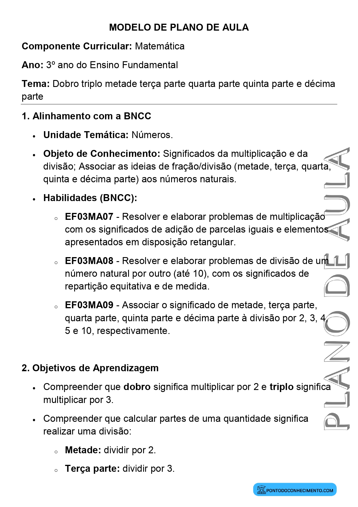 Modelo de plano de aula de Matemática para o 3º ano do Ensino Fundamental sobre dobro triplo metade terça parte quarta parte quinta parte e décima parte
