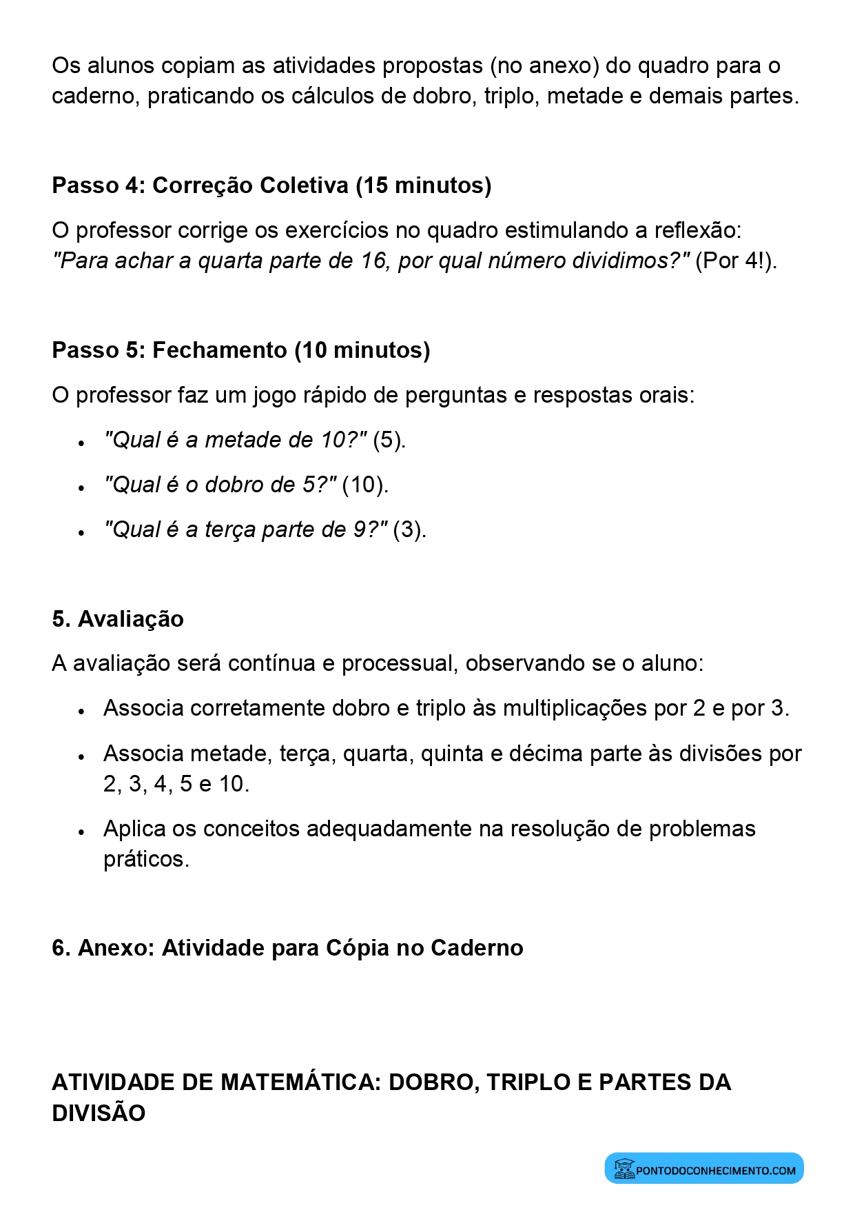 Plano de aula de Matemática sobre cálculo de dobro triplo e partes de um todo