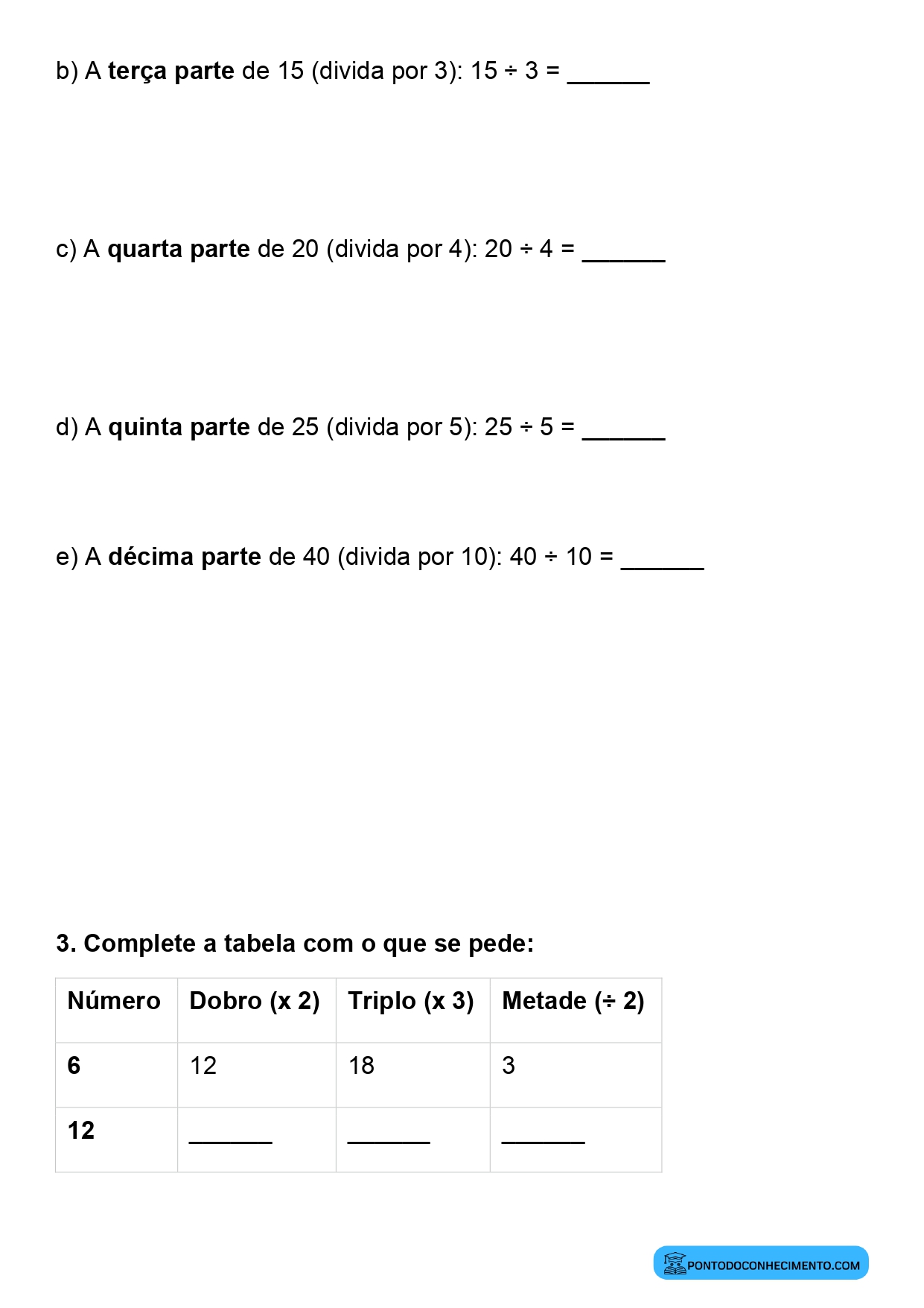 Plano de aula de Matemática sobre relações entre dobro triplo e partes iguais