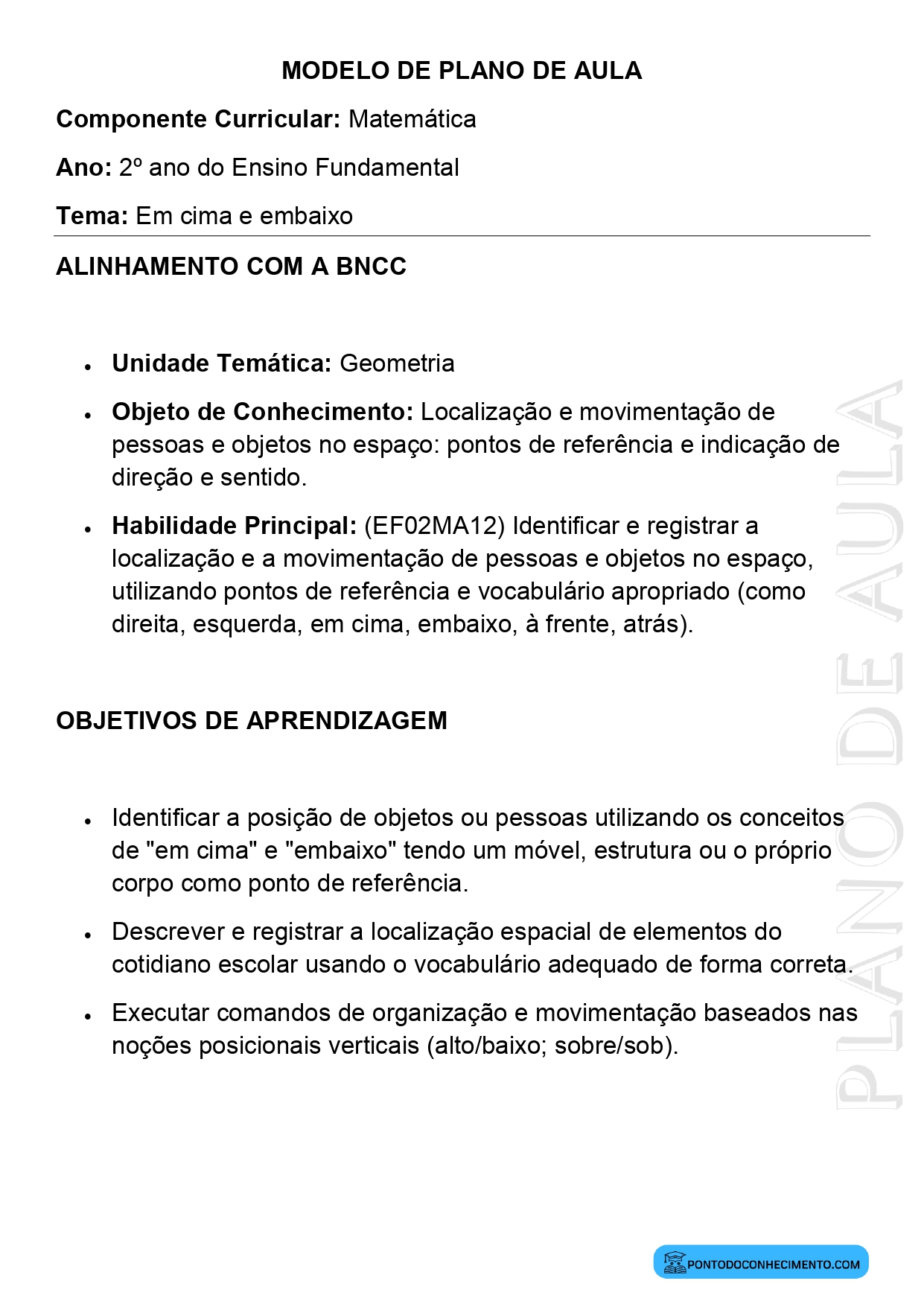 Modelo de Plano de Aula de Matemática para o 2º Ano do Ensino Fundamental sobre Em Cima e Embaixo