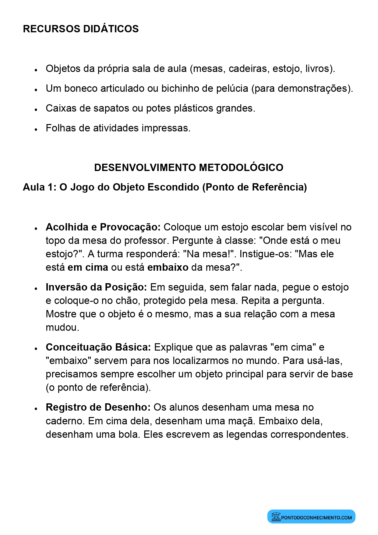 Plano de Aula Matemática 2º Ano Em Cima e Embaixo