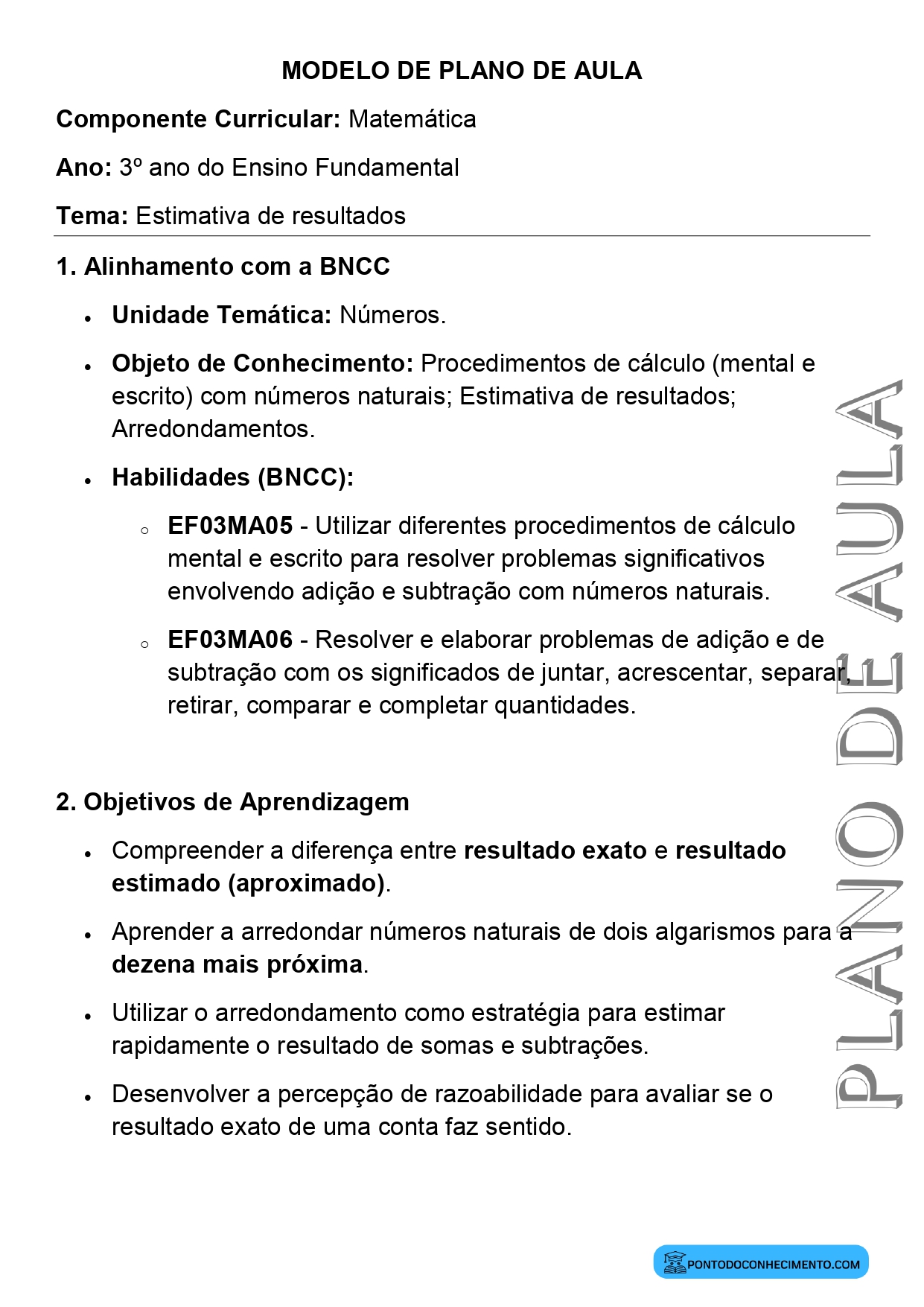 Plano de aula de Matemática para o 3º ano sobre estimativa de resultados