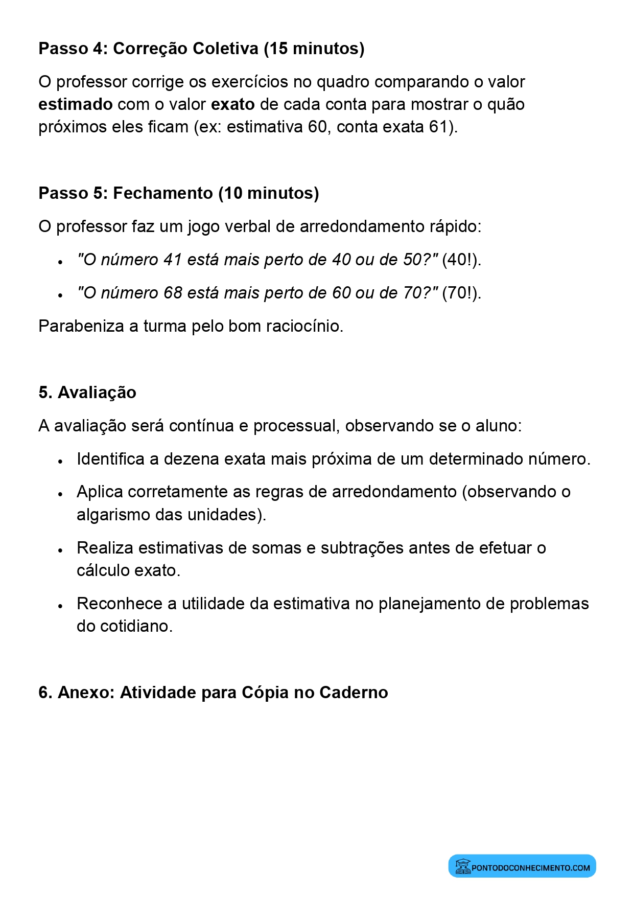 Plano de aula sobre estimativa de resultados de operações