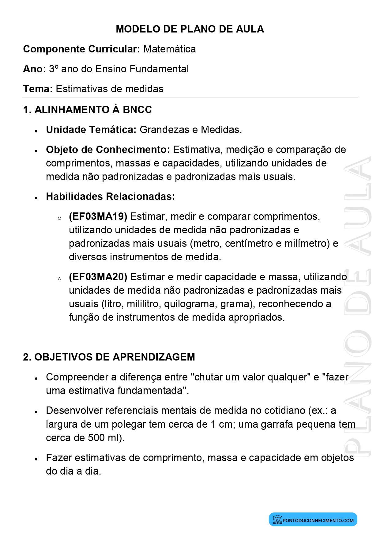 Plano de aula sobre estimativa de comprimento massa capacidade e tempo