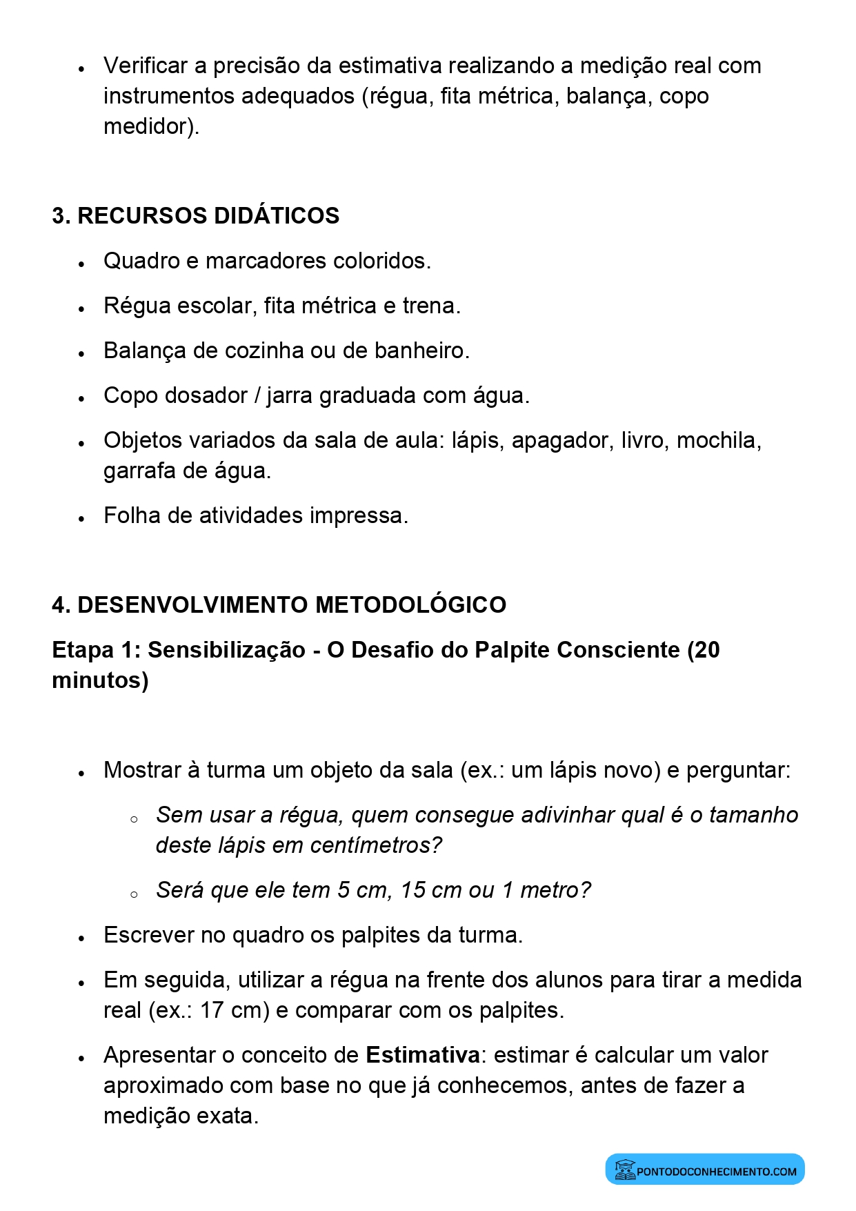 Plano de aula de Matemática sobre estimativas de medidas no cotidiano
