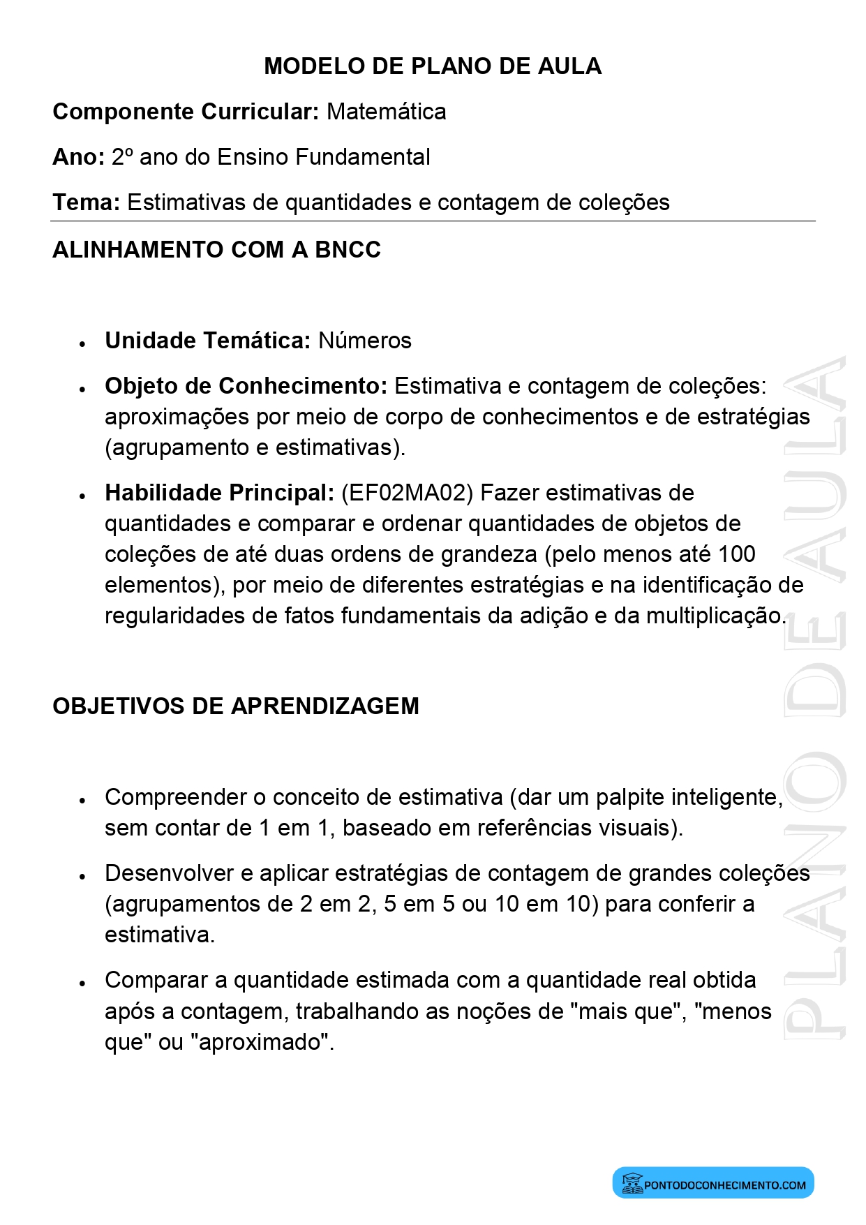Modelo de Plano de Aula de Matemática para o 2º Ano do Ensino Fundamental sobre Estimativas de Quantidades e Contagem de Coleções