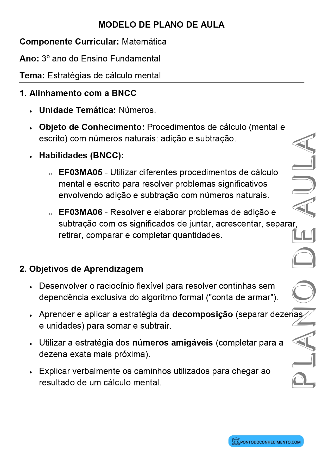 Plano de aula de Matemática para o 3º ano sobre estratégias de cálculo mental