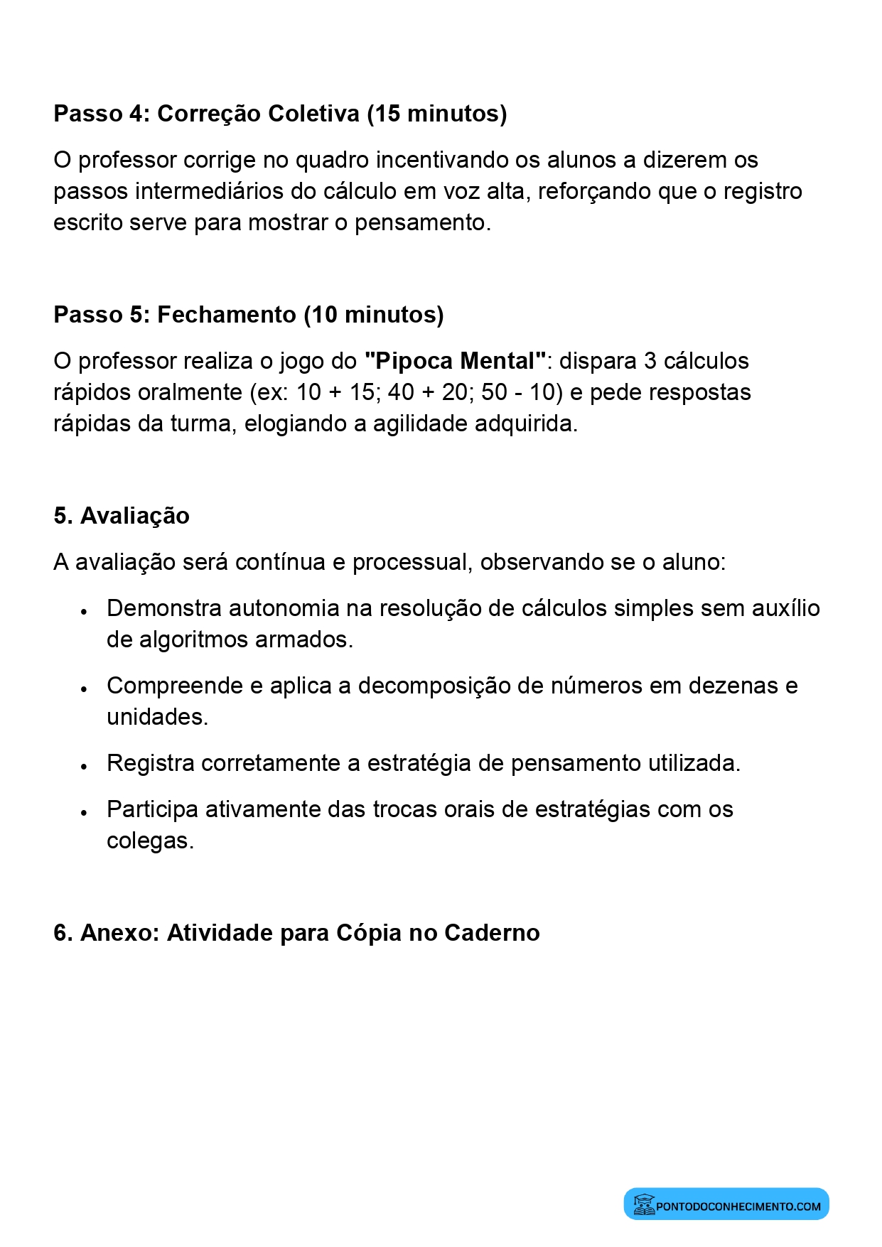 Plano de aula sobre diferentes estratégias de cálculo mental