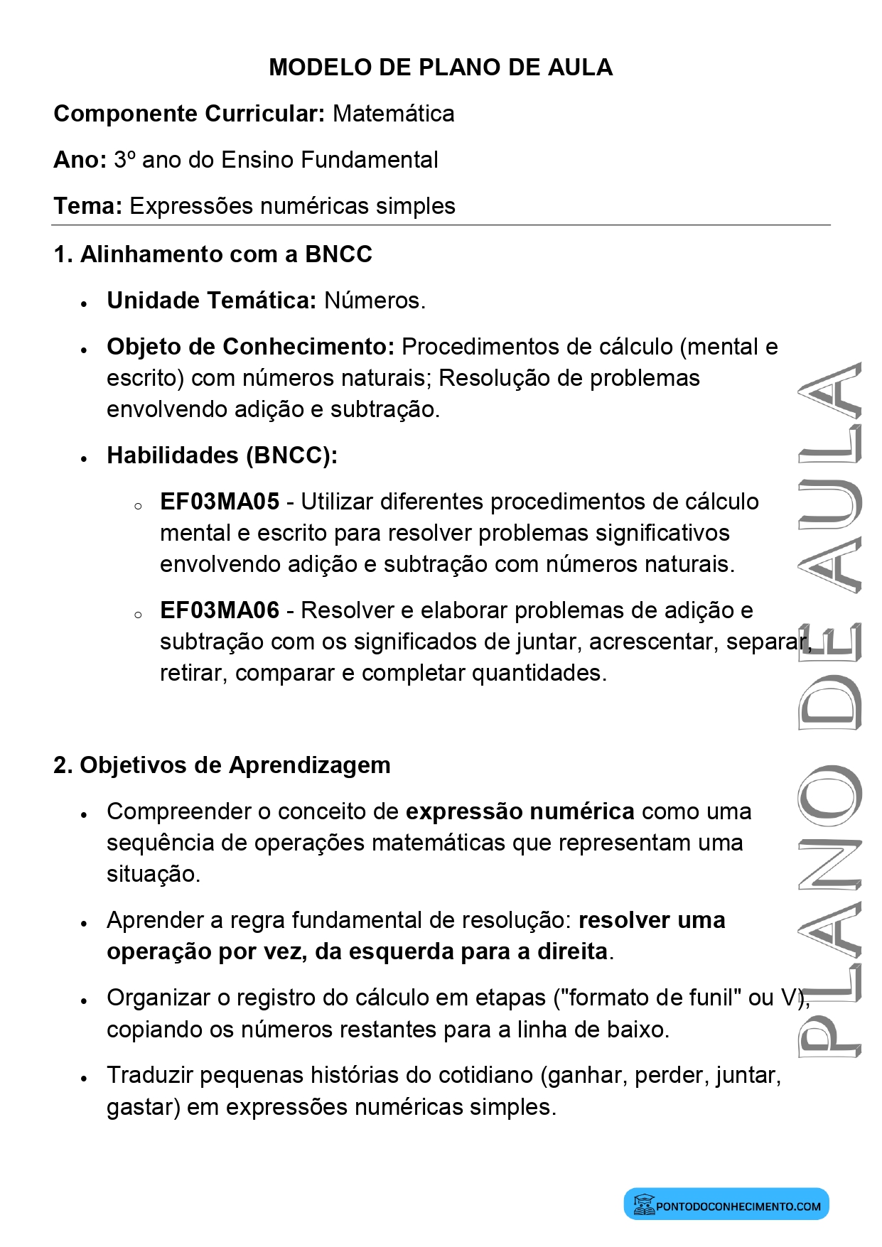 Modelo de plano de aula de Matemática para o 3º ano do Ensino Fundamental sobre expressões numéricas simples