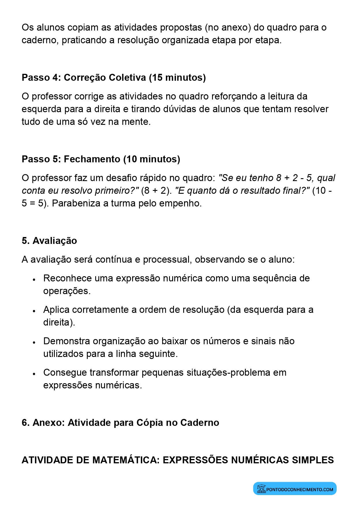 Plano de aula sobre interpretação de expressões numéricas 3º ano