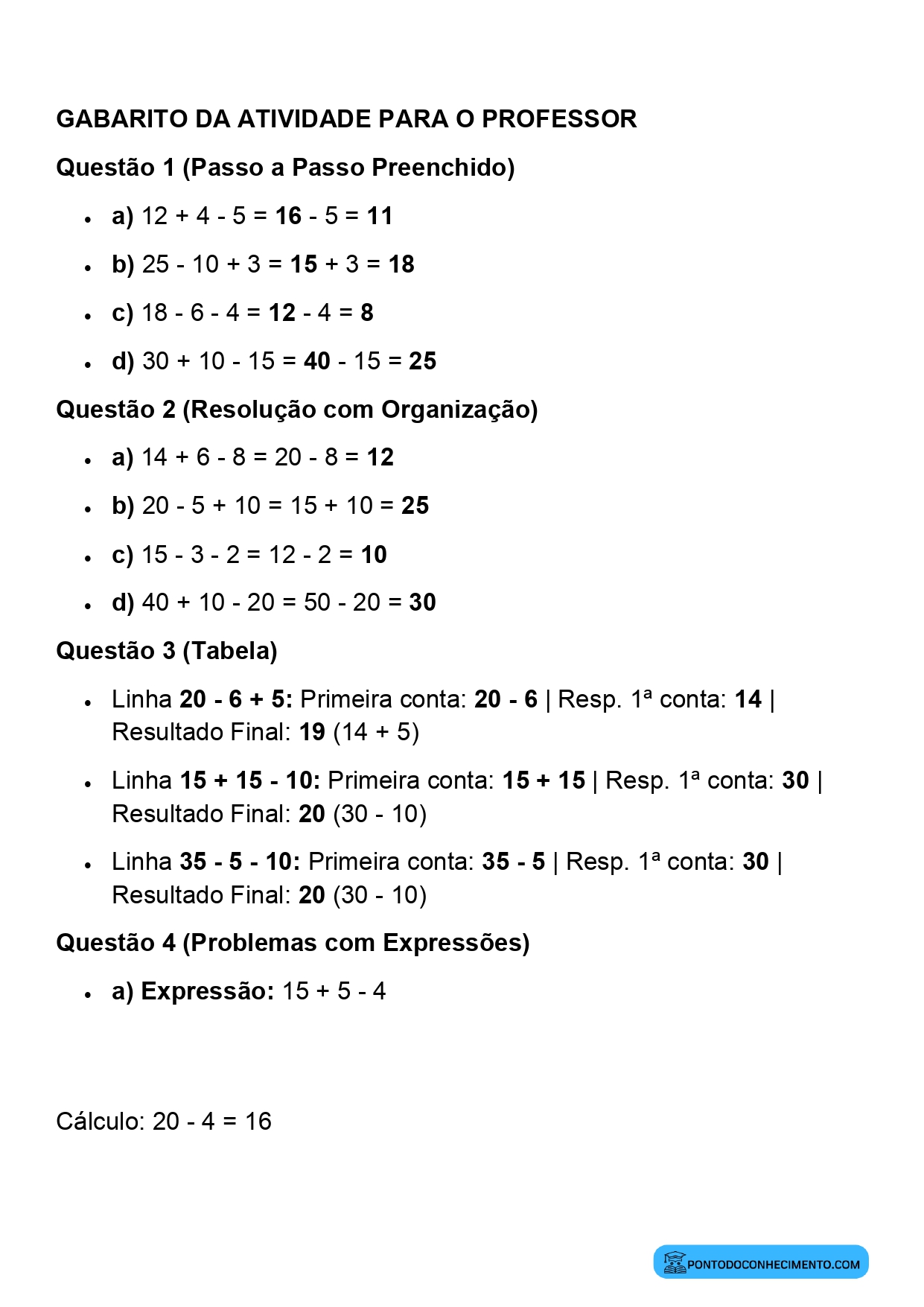 Plano de aula sobre sequência de operações matemáticas