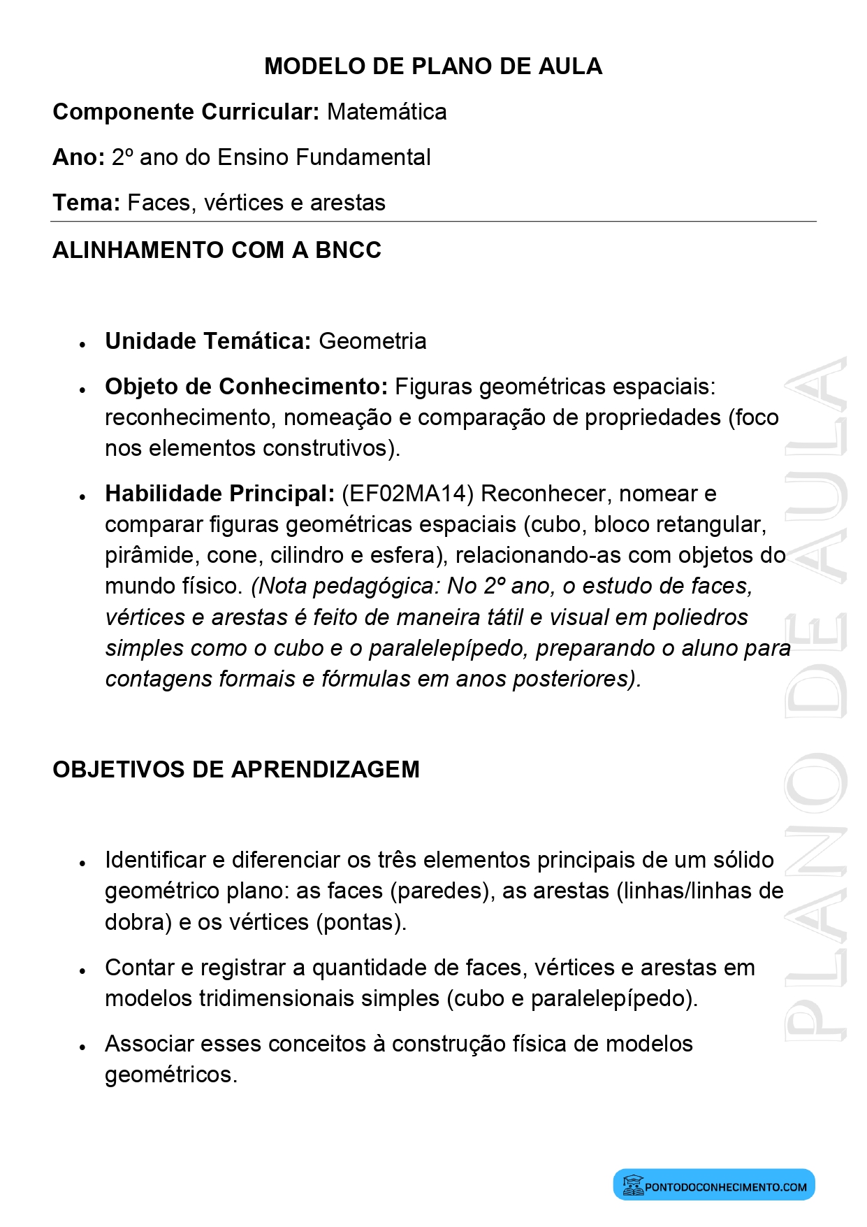 Modelo de Plano de Aula de Matemática para o 2º Ano do Ensino Fundamental sobre Faces Vértices e Arestas