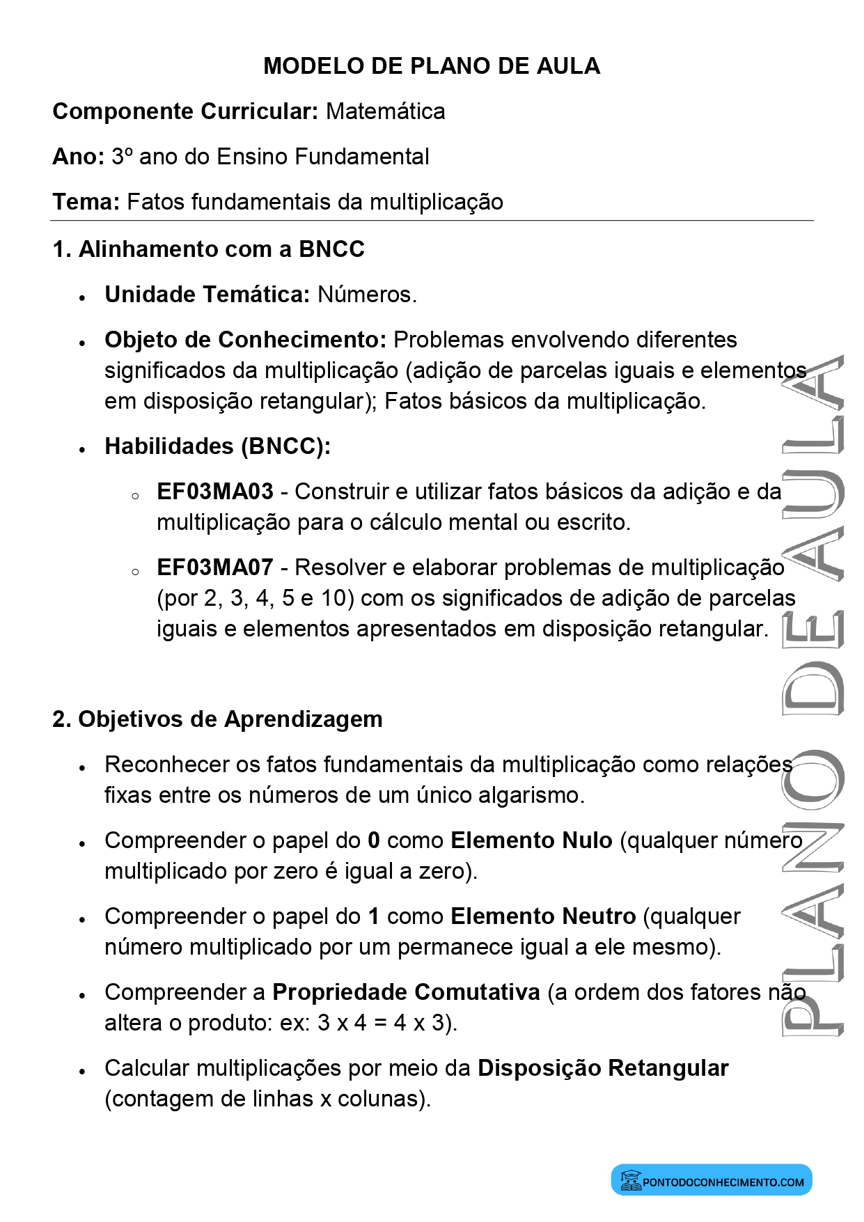 Modelo de plano de aula de Matemática para o 3º ano do Ensino Fundamental sobre fatos fundamentais da multiplicação