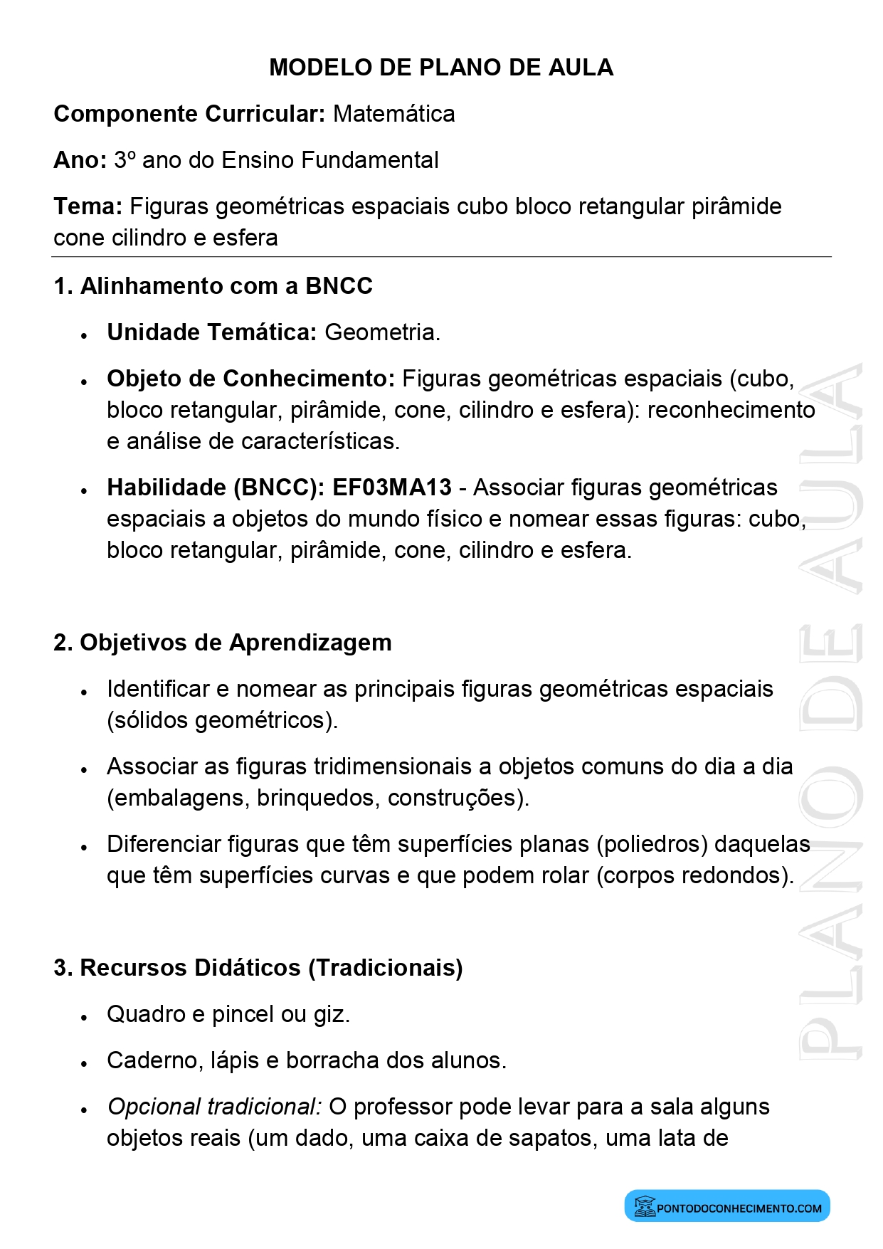 Modelo de plano de aula de Matemática para o 3º ano do Ensino Fundamental sobre figuras geométricas espaciais como cubo bloco retangular pirâmide cone cilindro e esfera