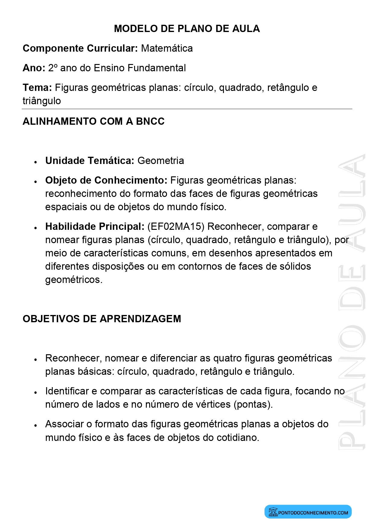 Modelo de Plano de Aula de Matemática para o 2º Ano do Ensino Fundamental sobre Figuras Geométricas Planas Círculo Quadrado Retângulo e Triângulo