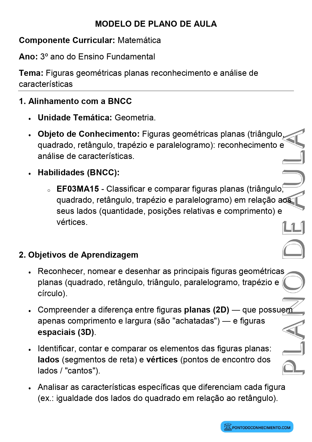 Modelo de plano de aula de Matemática para o 3º ano do Ensino Fundamental sobre figuras geométricas planas reconhecimento e análise de características