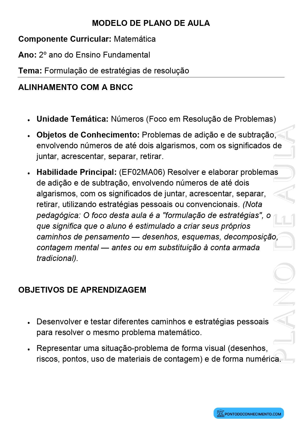 Modelo de Plano de Aula de Matemática para o 2º Ano do Ensino Fundamental sobre Formulação de Estratégias de Resolução