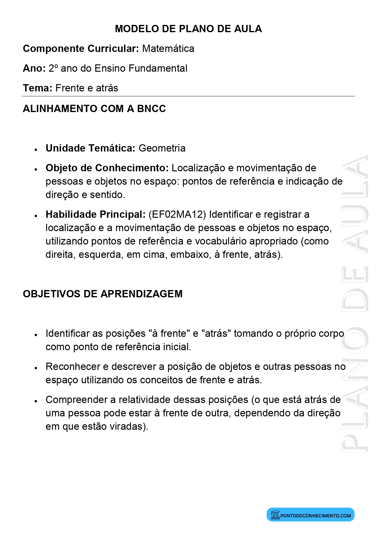 Plano de Aula Matemática 2º Ano Frente e Atrás