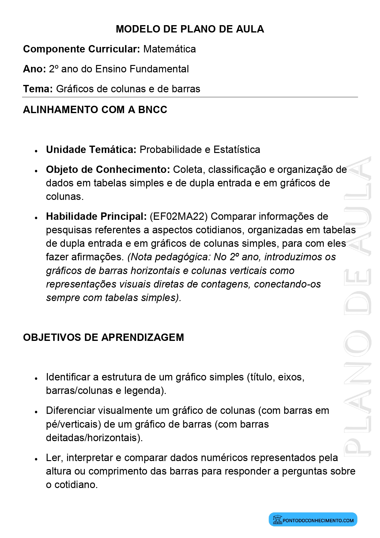 Modelo de Plano de Aula de Matemática para o 2º Ano do Ensino Fundamental sobre Gráficos de Colunas e de Barras