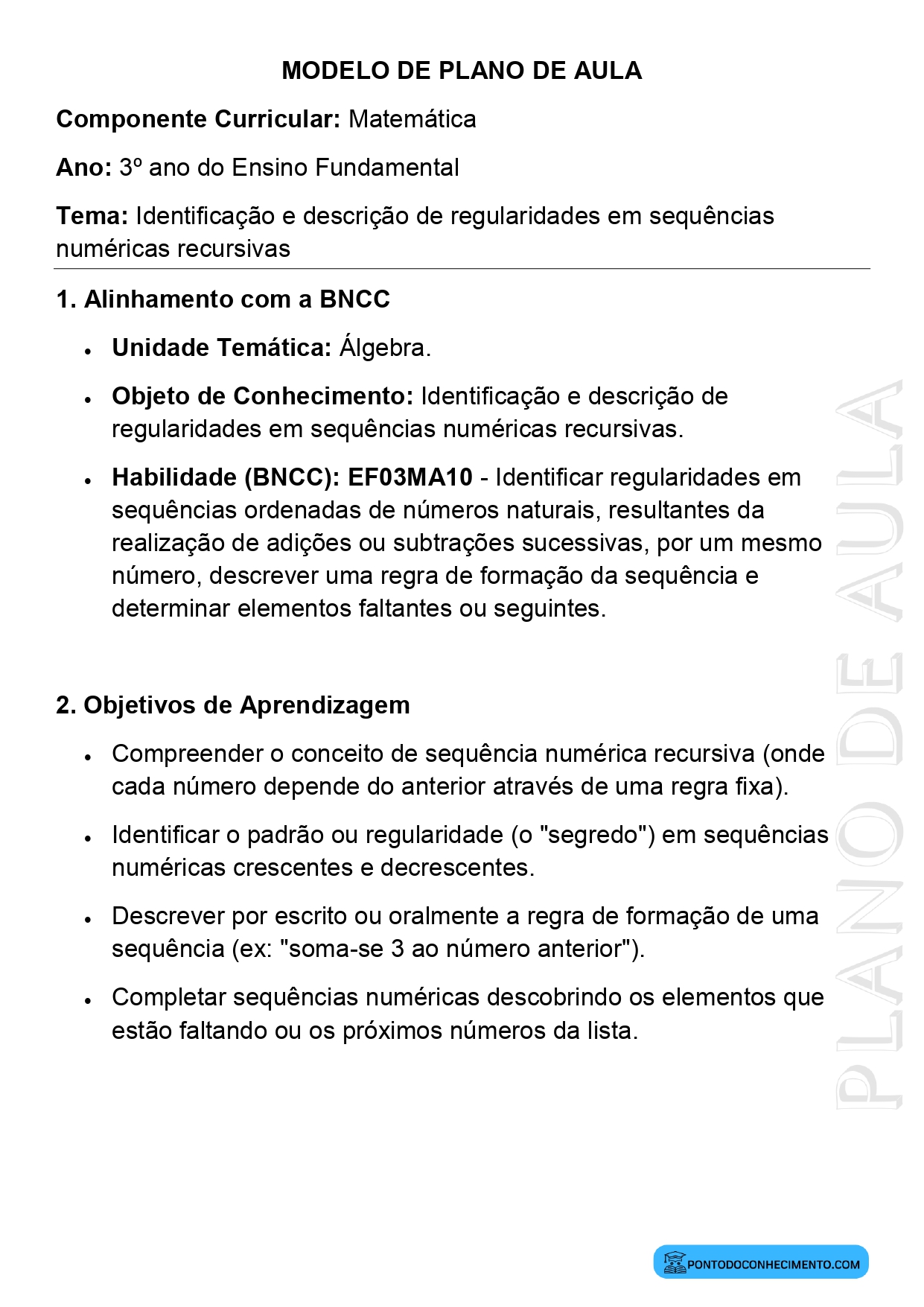 Modelo de plano de aula de Matemática para o 3º ano do Ensino Fundamental sobre identificação e descrição de regularidades em sequências numéricas recursivas