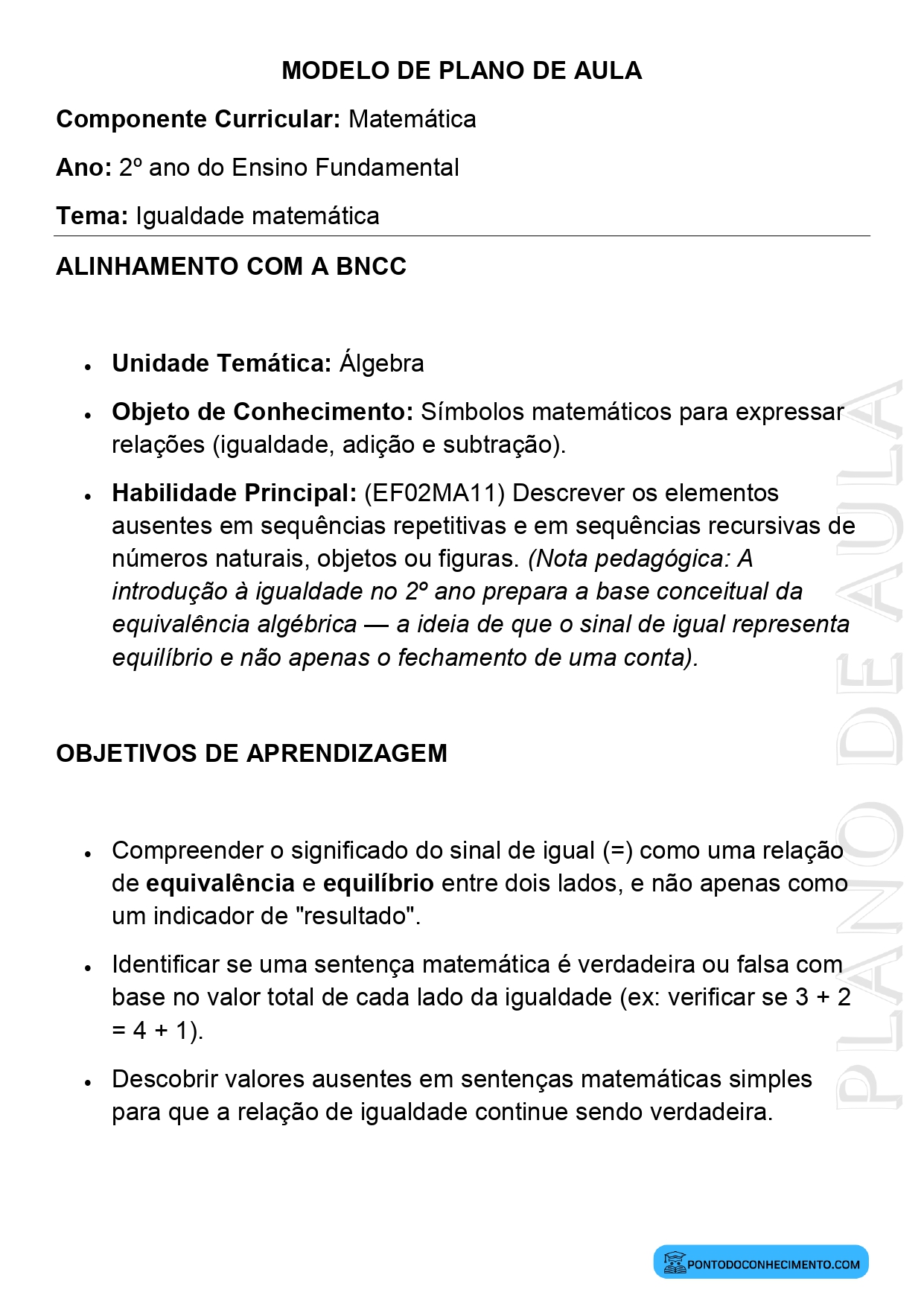 Modelo de Plano de Aula de Matemática para o 2º Ano do Ensino Fundamental sobre Igualdade Matemática